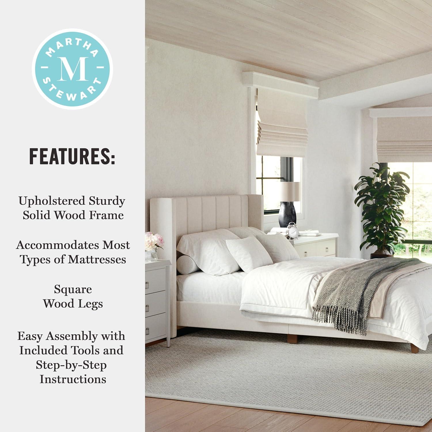 imageMartha Stewart Kay Low Profile Platform Bed with Wingback Headboard Channel Stitched Faux Linen Upholstery No Box Spring Needed King GrayBeige FabricWalnut Legs