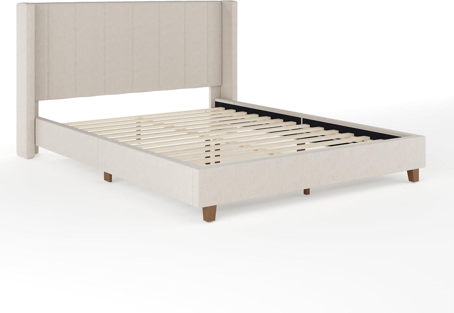 imageMartha Stewart Kay Low Profile Platform Bed with Wingback Headboard Channel Stitched Faux Linen Upholstery No Box Spring Needed King GrayBeige FabricWalnut Legs
