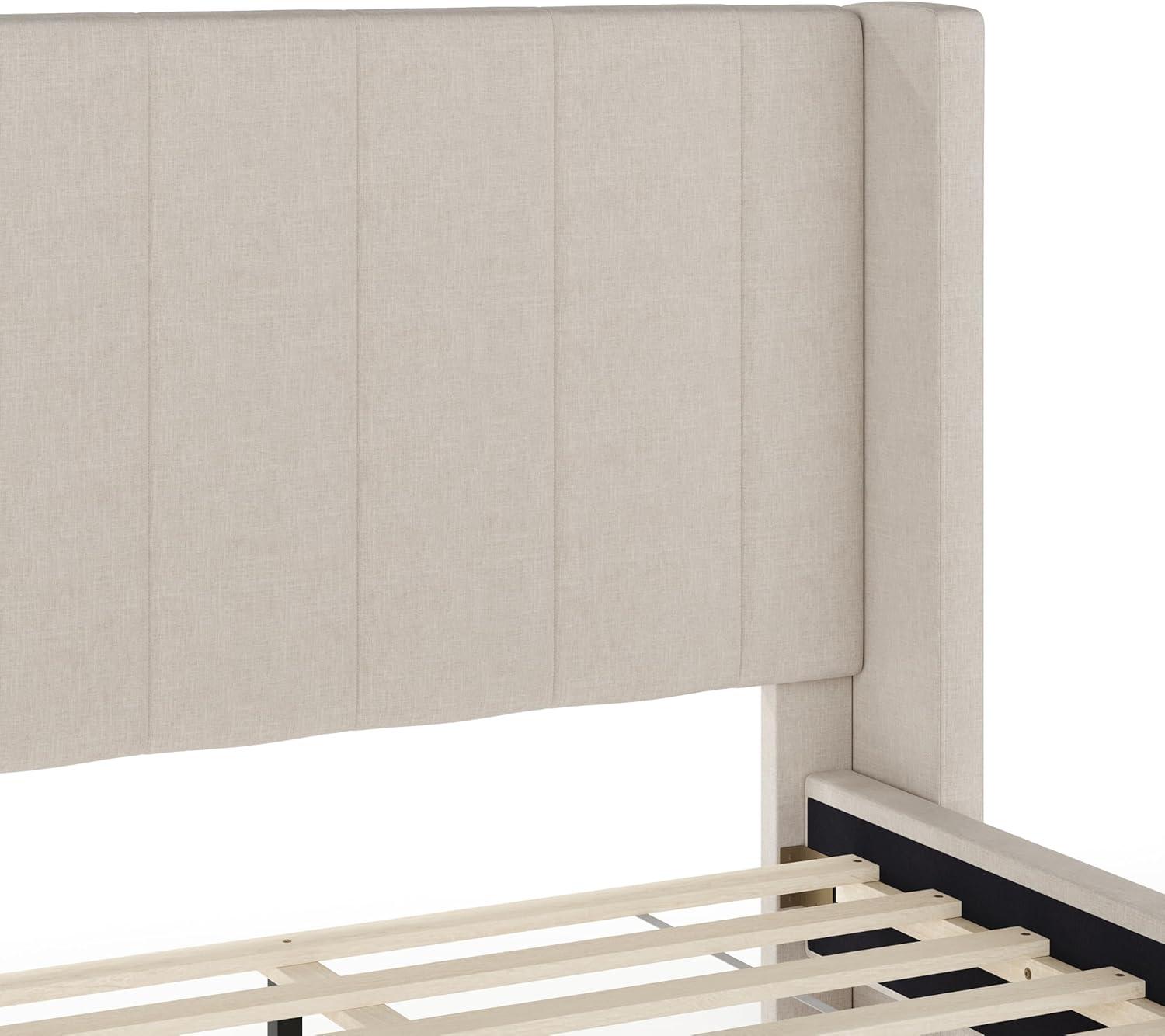 imageMartha Stewart Kay Low Profile Platform Bed with Wingback Headboard Channel Stitched Faux Linen Upholstery No Box Spring Needed King GrayBeige FabricWalnut Legs
