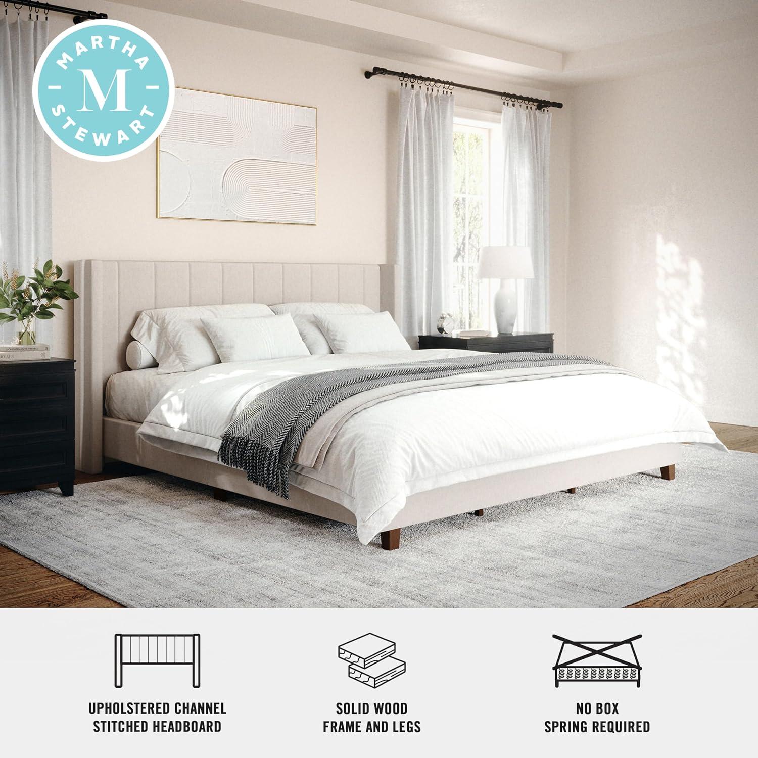 imageMartha Stewart Kay Low Profile Platform Bed with Wingback Headboard Channel Stitched Faux Linen Upholstery No Box Spring Needed King GrayBeige FabricWalnut Legs