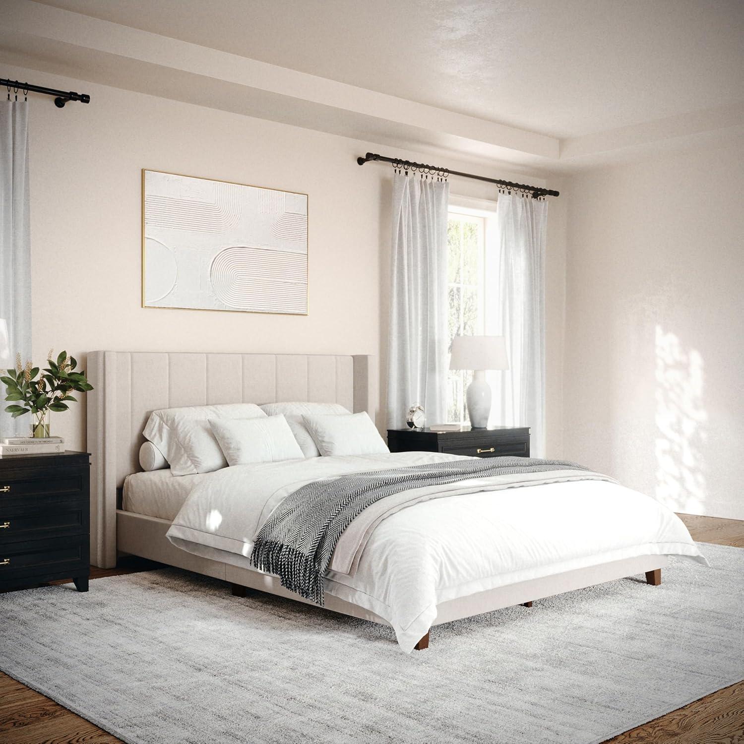 imageMartha Stewart Kay Low Profile Platform Bed with Wingback Headboard Channel Stitched Faux Linen Upholstery No Box Spring Needed King GrayBeige FabricWalnut Legs