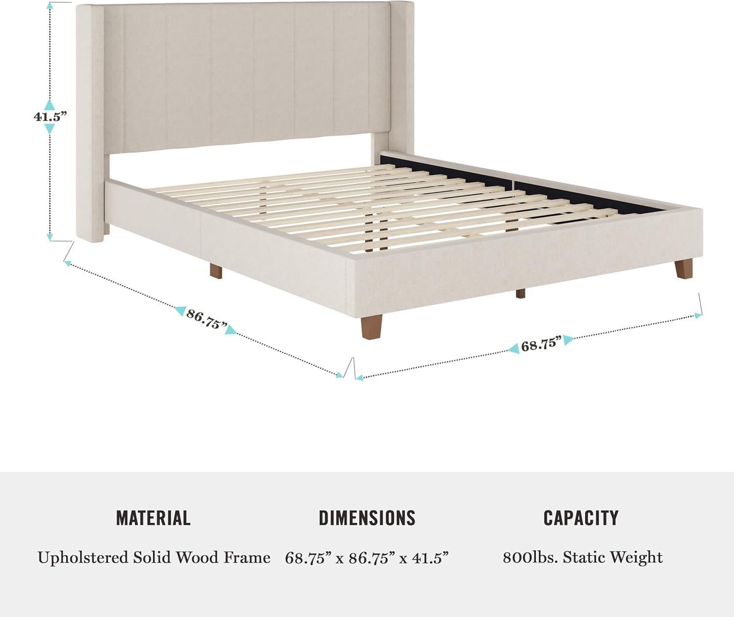 imageMartha Stewart Kay Low Profile Platform Bed with Wingback Headboard Channel Stitched Faux Linen Upholstery No Box Spring Needed King GrayBeige FabricWalnut Legs