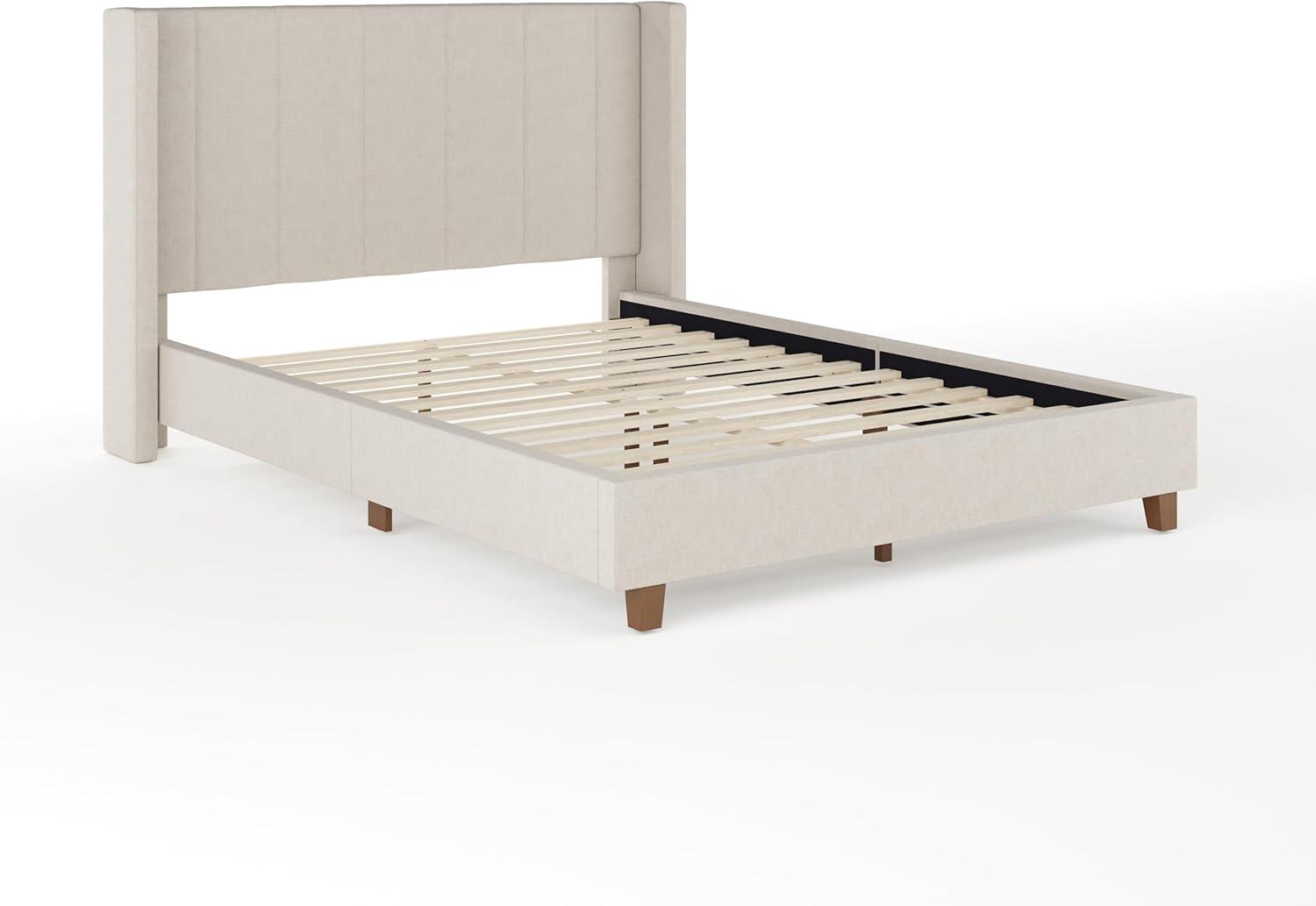 imageMartha Stewart Kay Low Profile Platform Bed with Wingback Headboard Channel Stitched Faux Linen Upholstery No Box Spring Needed King GrayBeige FabricWalnut Legs