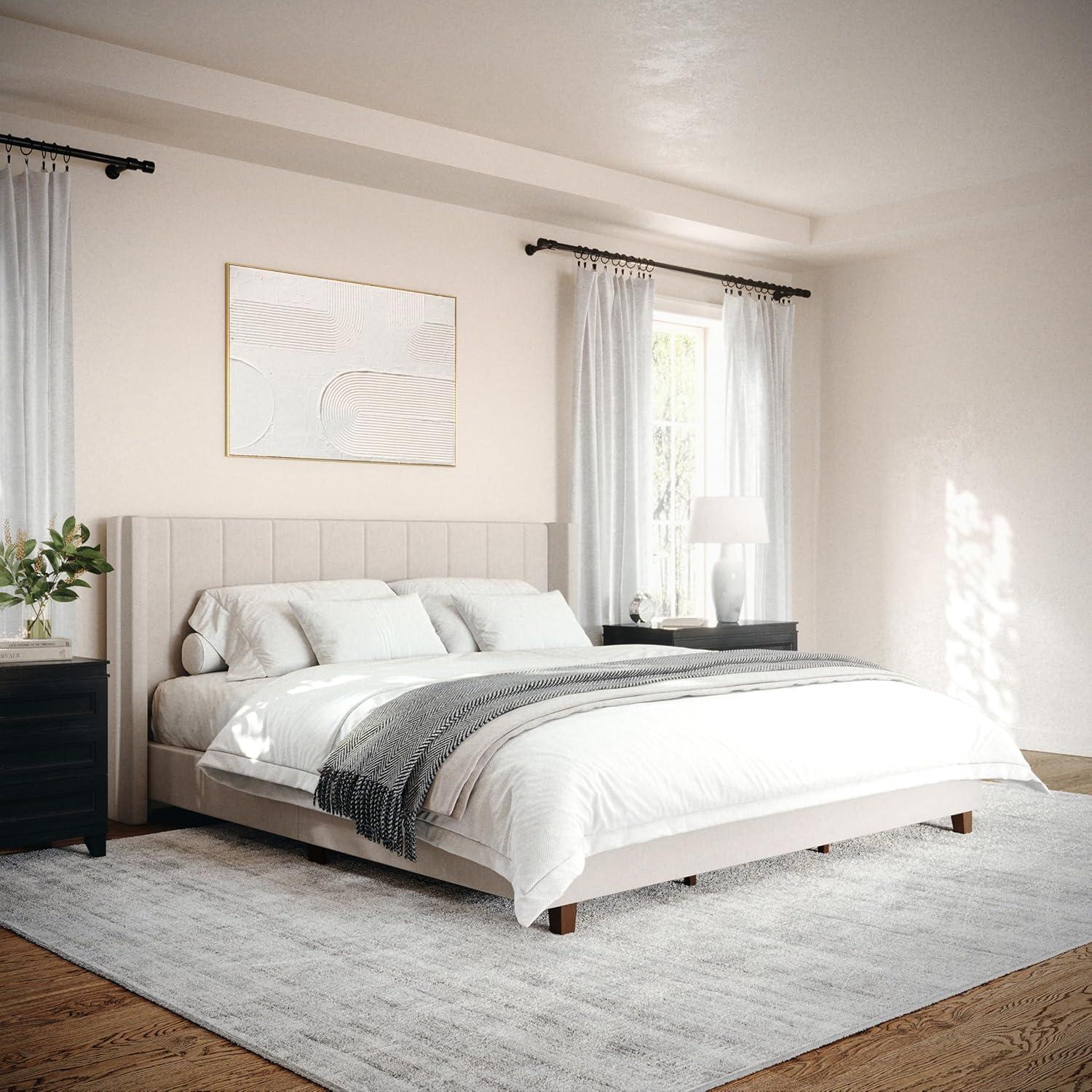 imageMartha Stewart Kay Low Profile Platform Bed with Wingback Headboard Channel Stitched Faux Linen Upholstery No Box Spring Needed King GrayBeige FabricWalnut Legs