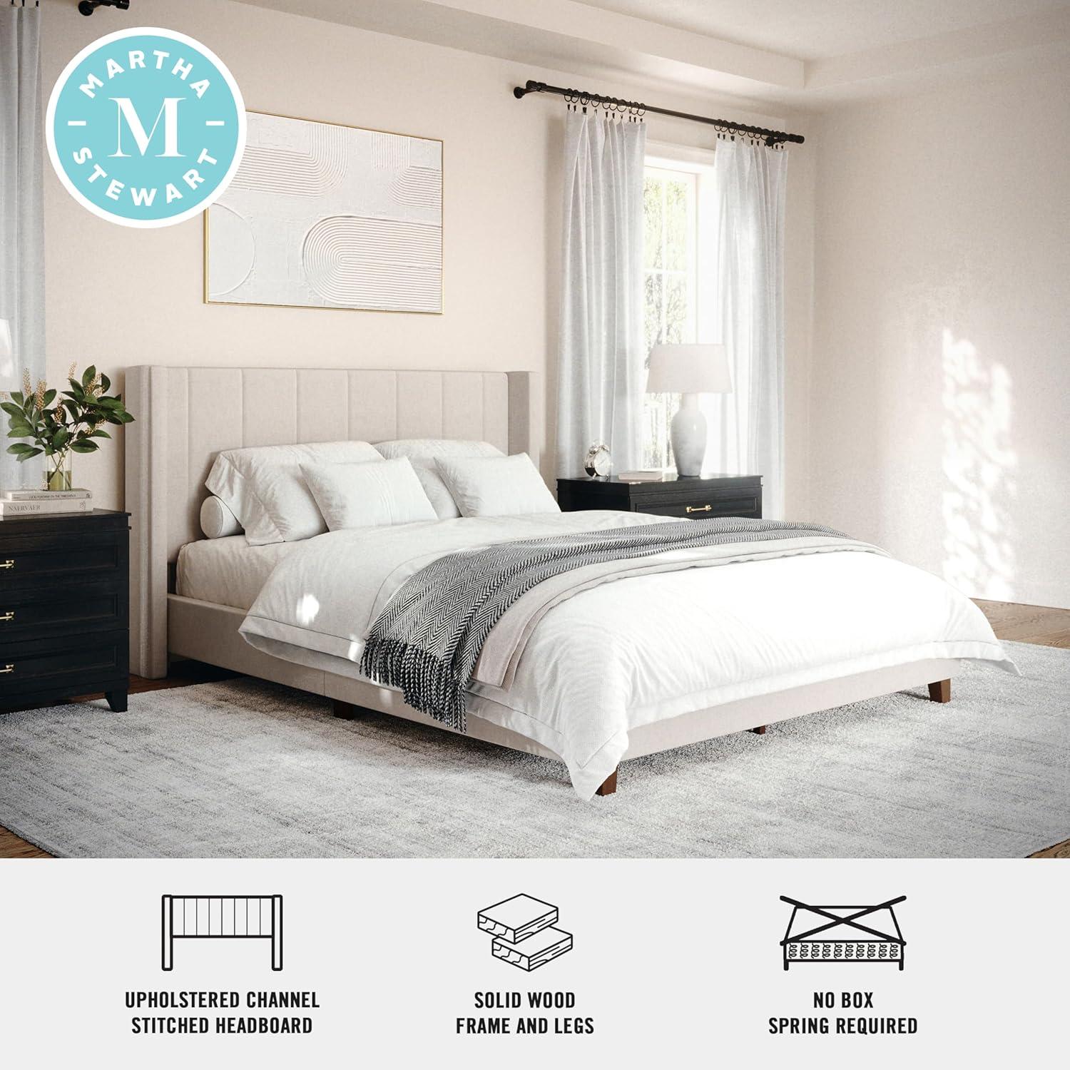 imageMartha Stewart Kay Low Profile Platform Bed with Wingback Headboard Channel Stitched Faux Linen Upholstery No Box Spring Needed King GrayBeige FabricWalnut Legs