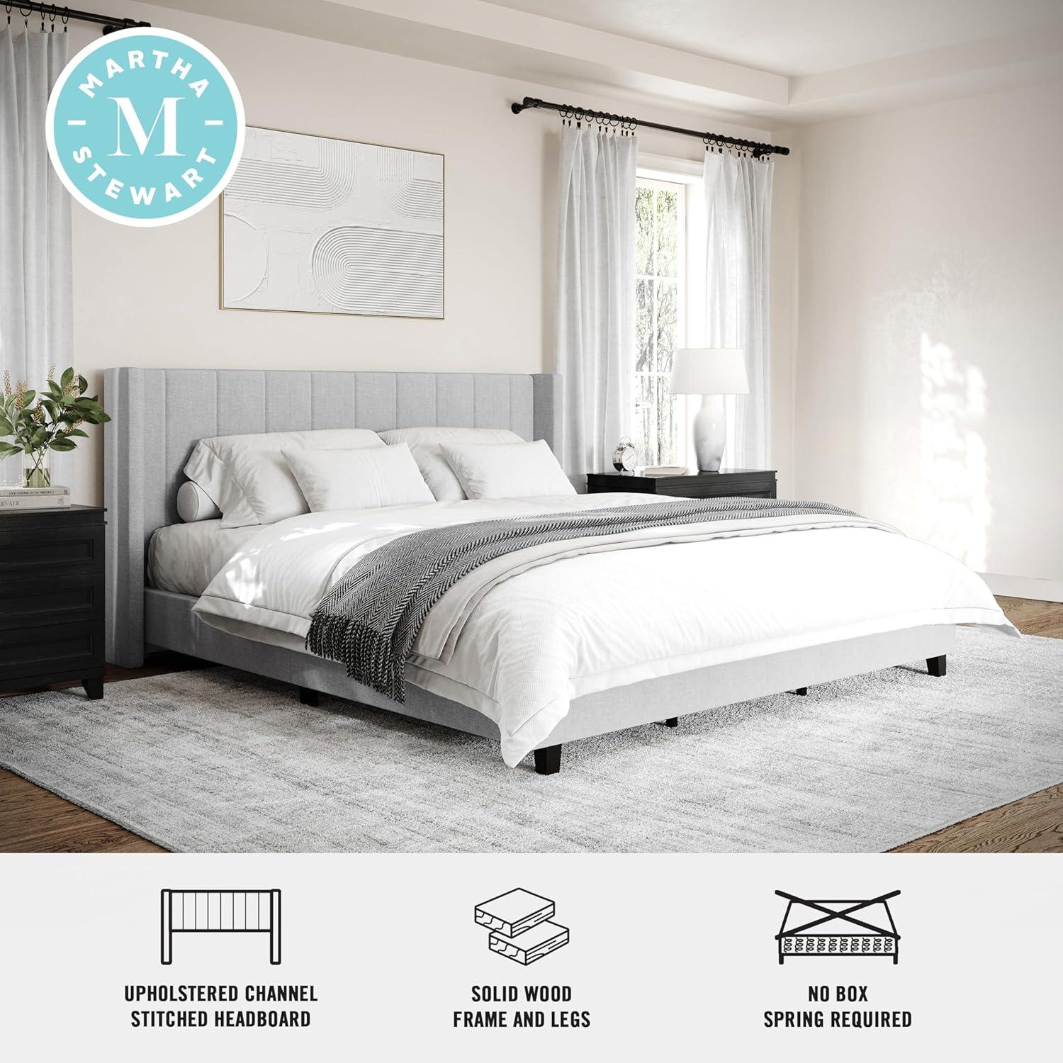 imageMartha Stewart Kay Low Profile Platform Bed with Wingback Headboard Channel Stitched Faux Linen Upholstery No Box Spring Needed King GrayGray FabricBlack Legs