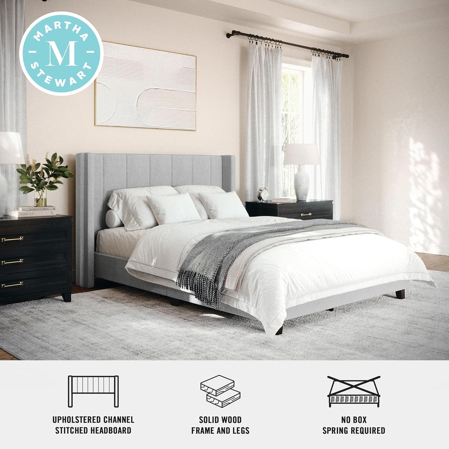 imageMartha Stewart Kay Low Profile Platform Bed with Wingback Headboard Channel Stitched Faux Linen Upholstery No Box Spring Needed King GrayGray FabricBlack Legs