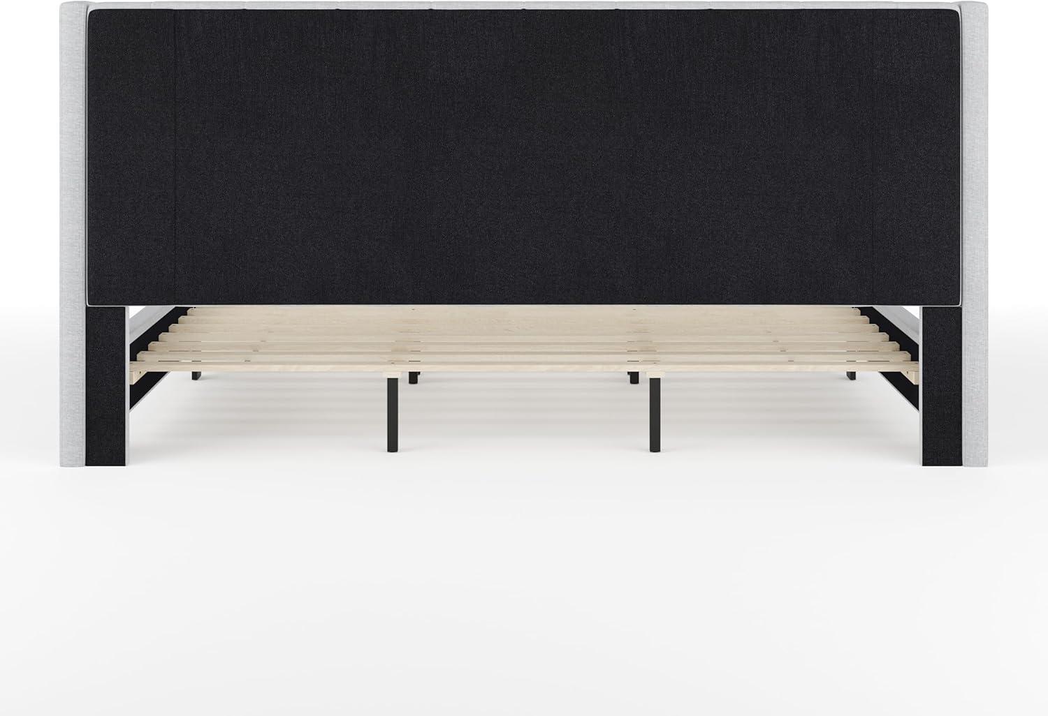 imageMartha Stewart Kay Low Profile Platform Bed with Wingback Headboard Channel Stitched Faux Linen Upholstery No Box Spring Needed King GrayGray FabricBlack Legs