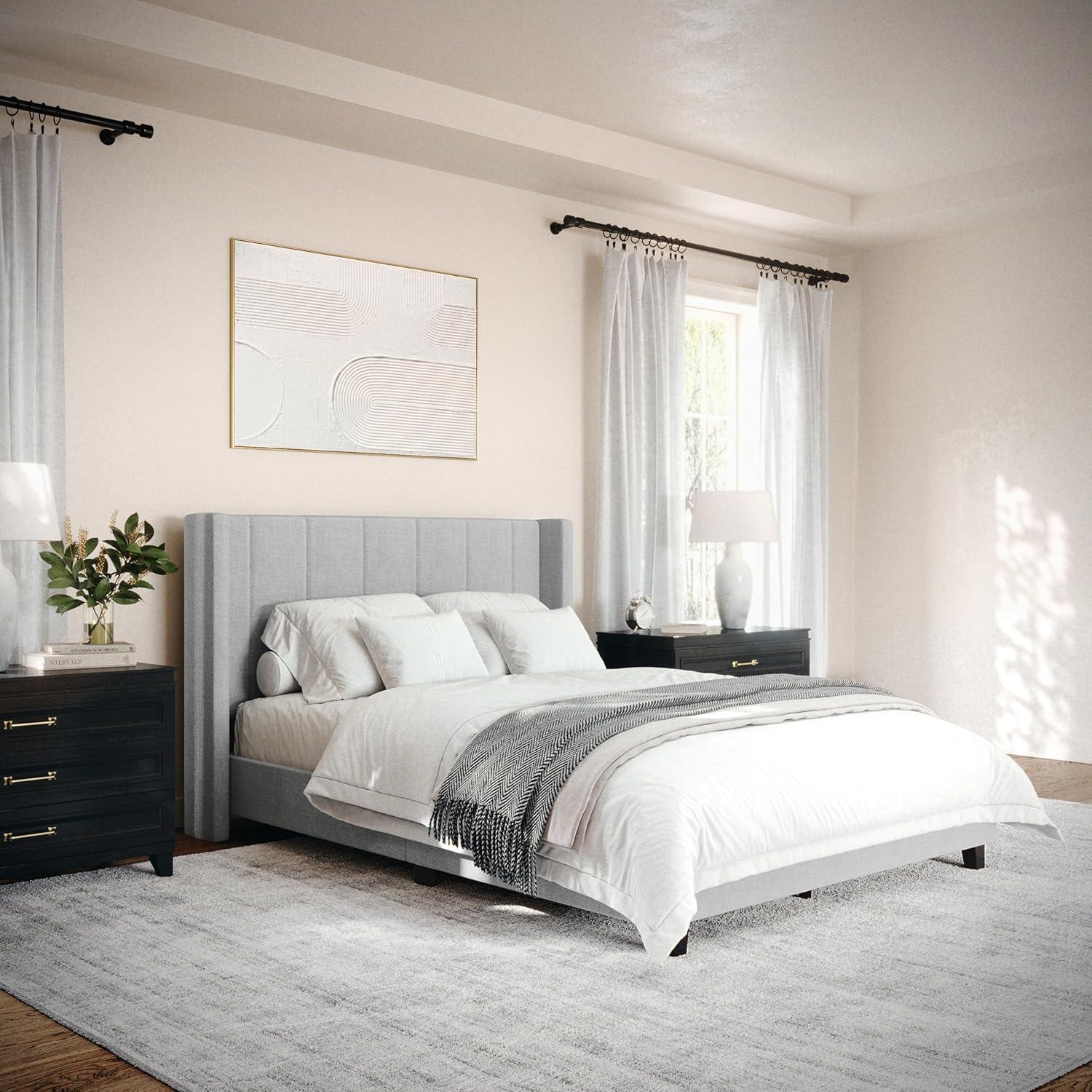 imageMartha Stewart Kay Low Profile Platform Bed with Wingback Headboard Channel Stitched Faux Linen Upholstery No Box Spring Needed King GrayGray FabricBlack Legs