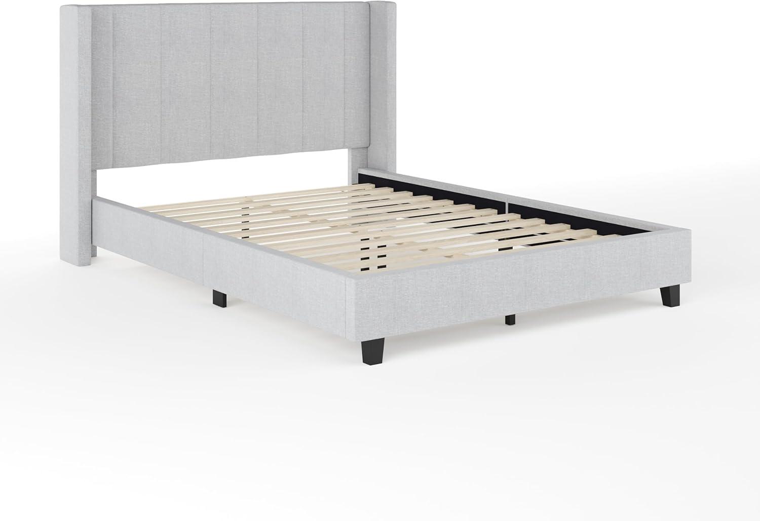 imageMartha Stewart Kay Low Profile Platform Bed with Wingback Headboard Channel Stitched Faux Linen Upholstery No Box Spring Needed King GrayGray FabricBlack Legs