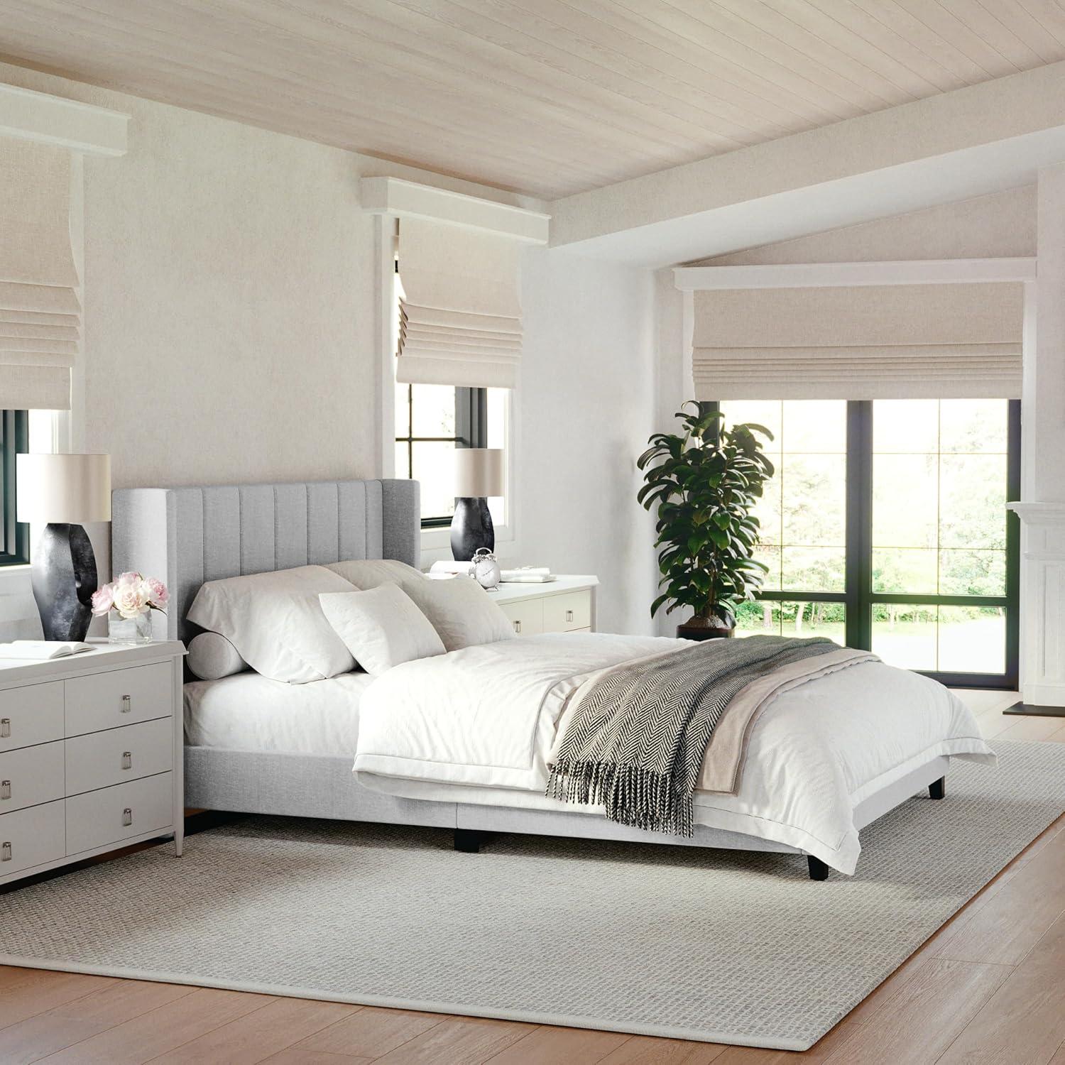 imageMartha Stewart Kay Low Profile Platform Bed with Wingback Headboard Channel Stitched Faux Linen Upholstery No Box Spring Needed King GrayGray FabricBlack Legs