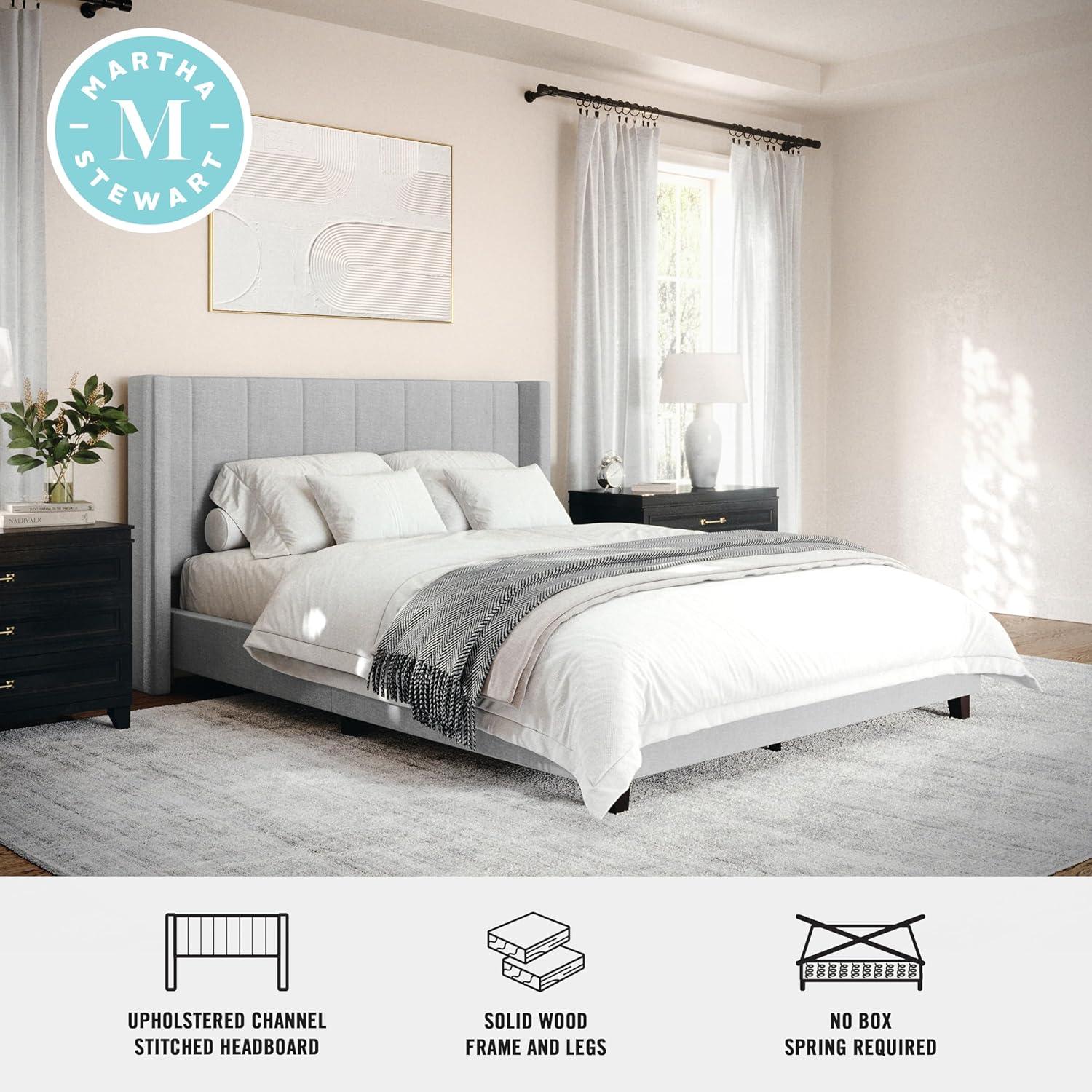imageMartha Stewart Kay Low Profile Platform Bed with Wingback Headboard Channel Stitched Faux Linen Upholstery No Box Spring Needed King GrayGray FabricBlack Legs