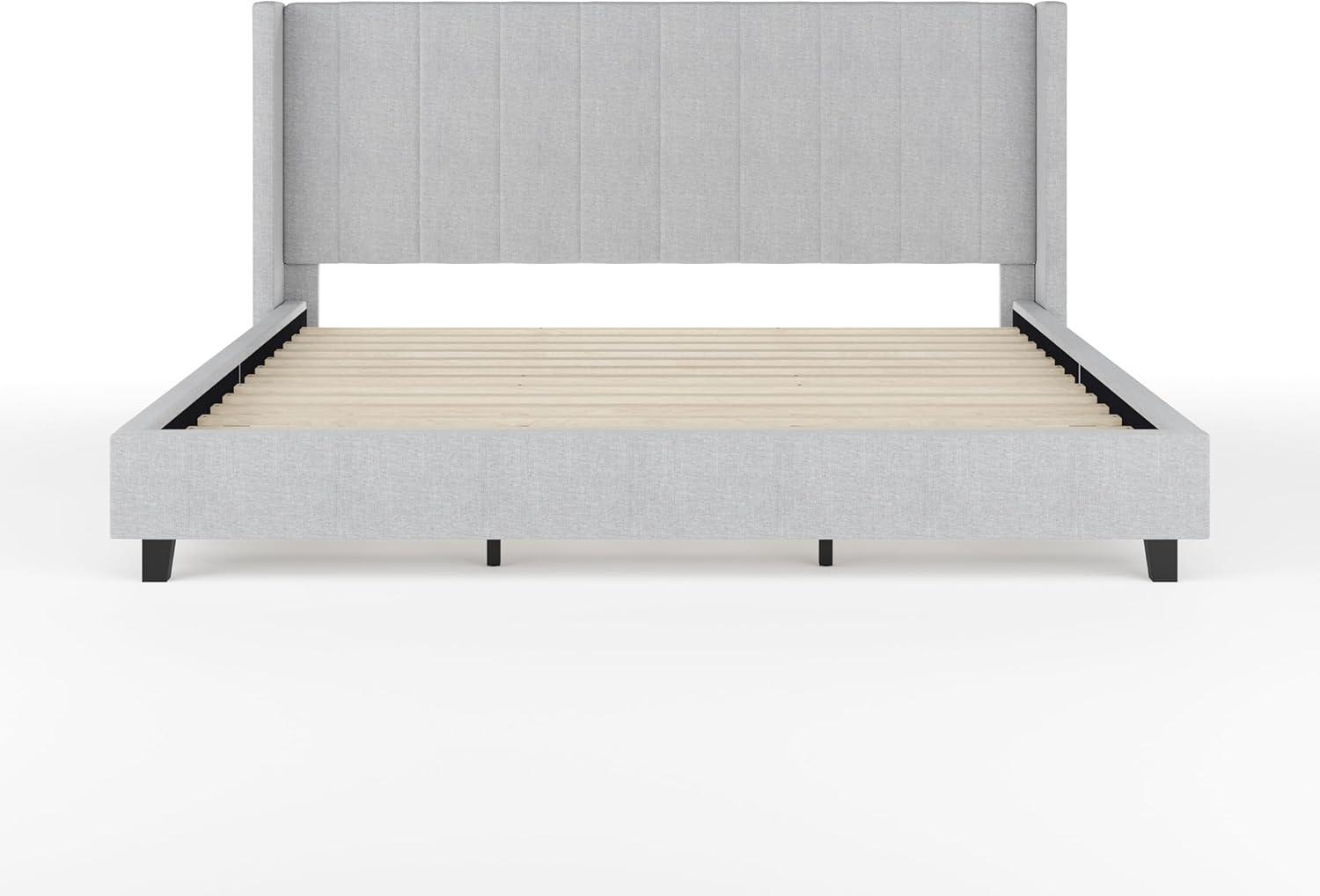 imageMartha Stewart Kay Low Profile Platform Bed with Wingback Headboard Channel Stitched Faux Linen Upholstery No Box Spring Needed King GrayGray FabricBlack Legs