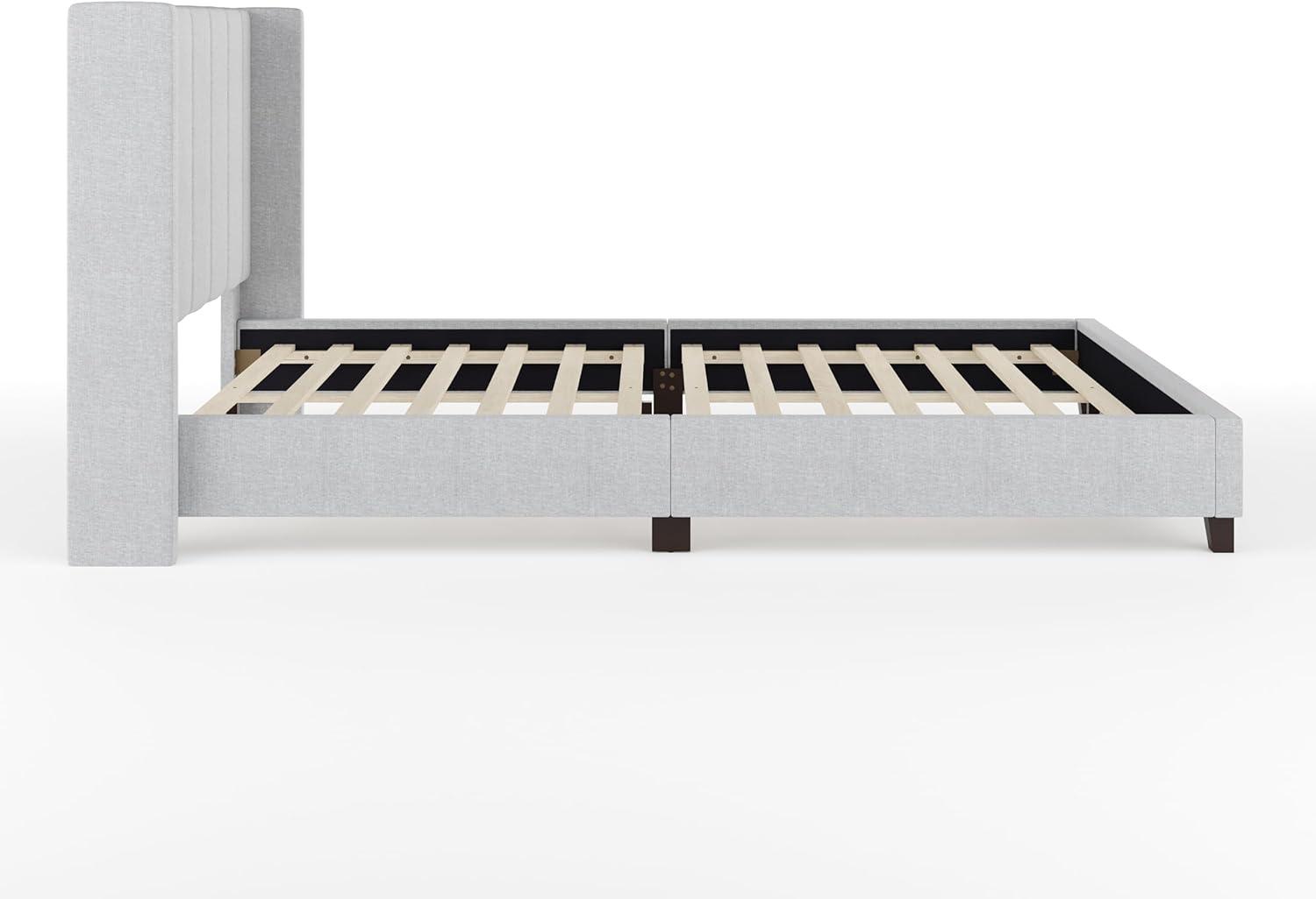 imageMartha Stewart Kay Low Profile Platform Bed with Wingback Headboard Channel Stitched Faux Linen Upholstery No Box Spring Needed King GrayGray FabricBlack Legs