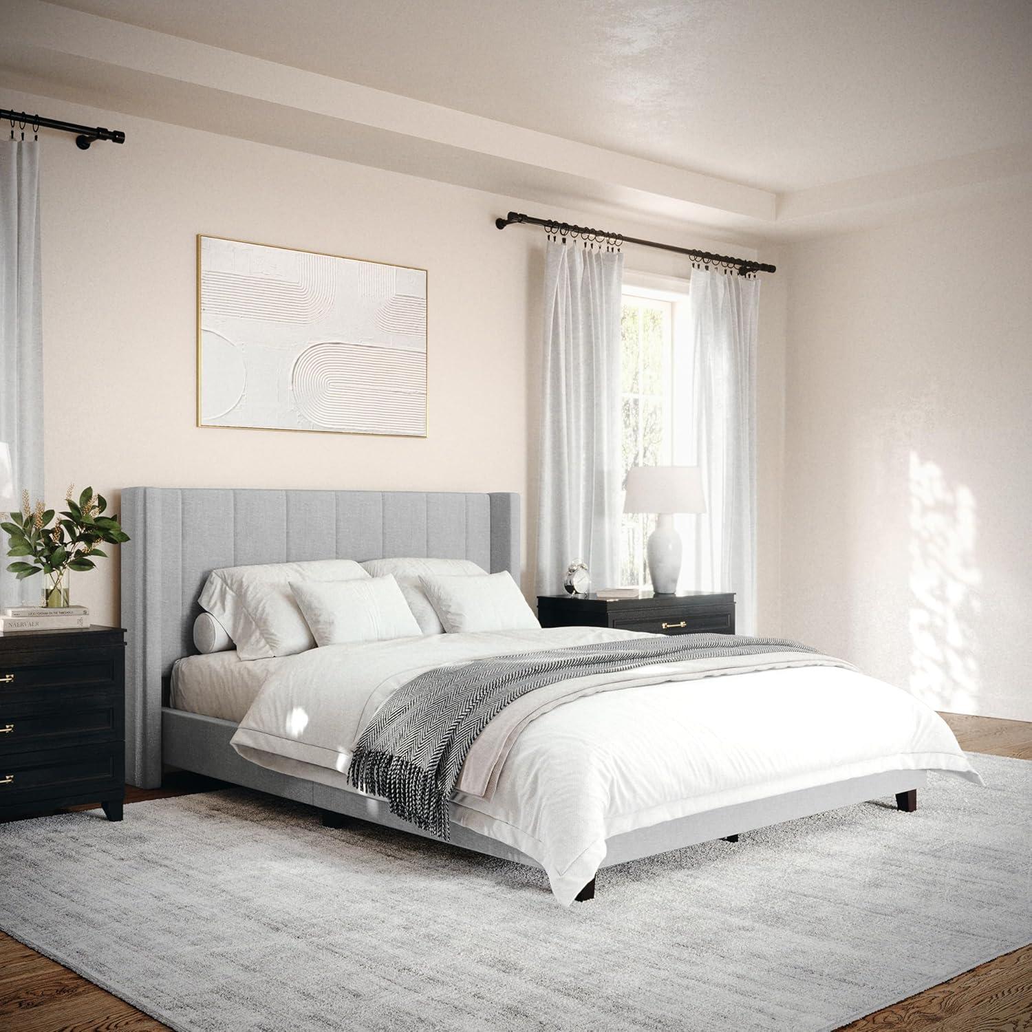imageMartha Stewart Kay Low Profile Platform Bed with Wingback Headboard Channel Stitched Faux Linen Upholstery No Box Spring Needed King GrayGray FabricBlack Legs