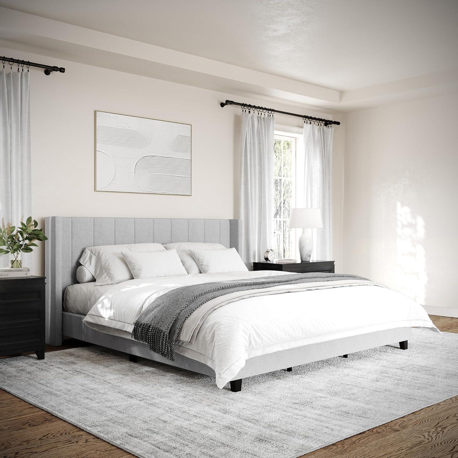 imageMartha Stewart Kay Low Profile Platform Bed with Wingback Headboard Channel Stitched Faux Linen Upholstery No Box Spring Needed King GrayGray FabricBlack Legs