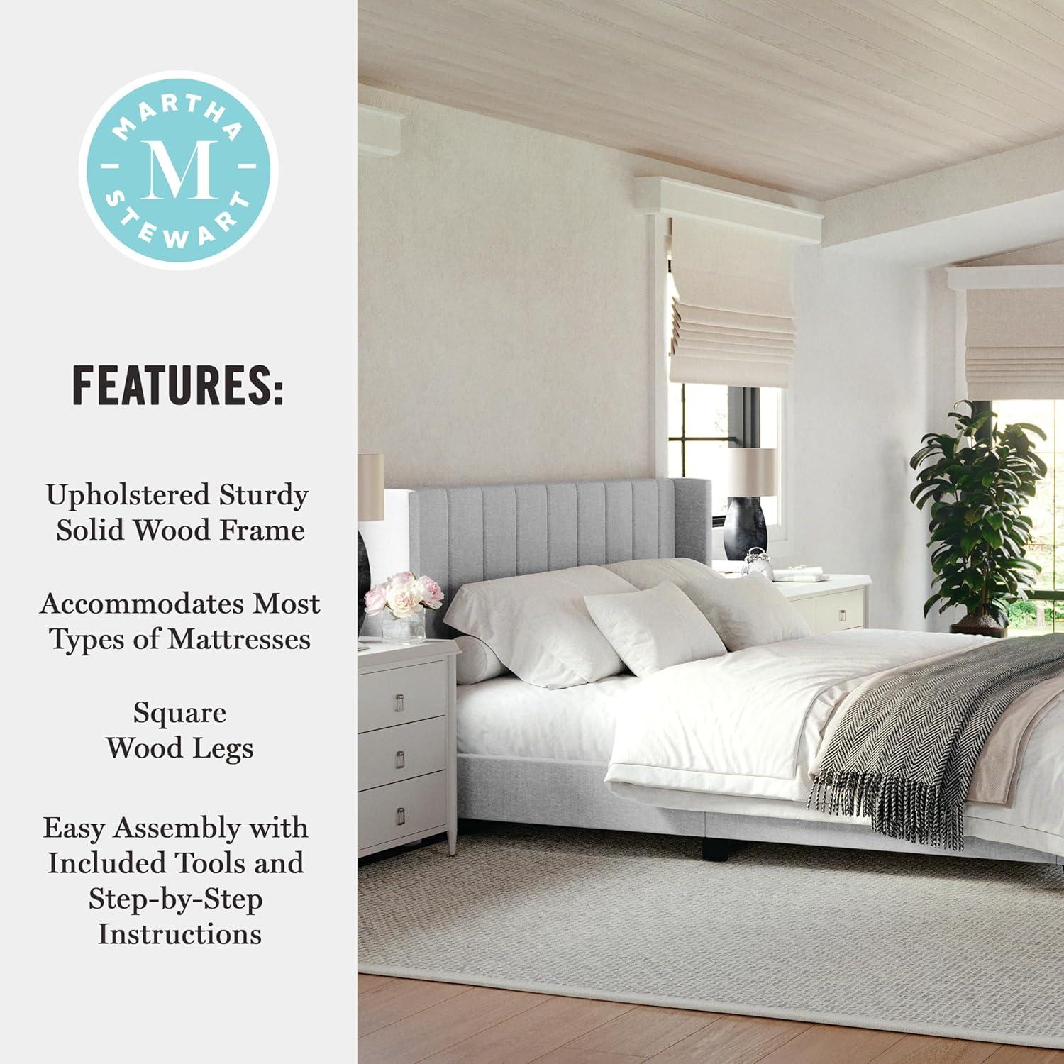 imageMartha Stewart Kay Low Profile Platform Bed with Wingback Headboard Channel Stitched Faux Linen Upholstery No Box Spring Needed King GrayGray FabricBlack Legs
