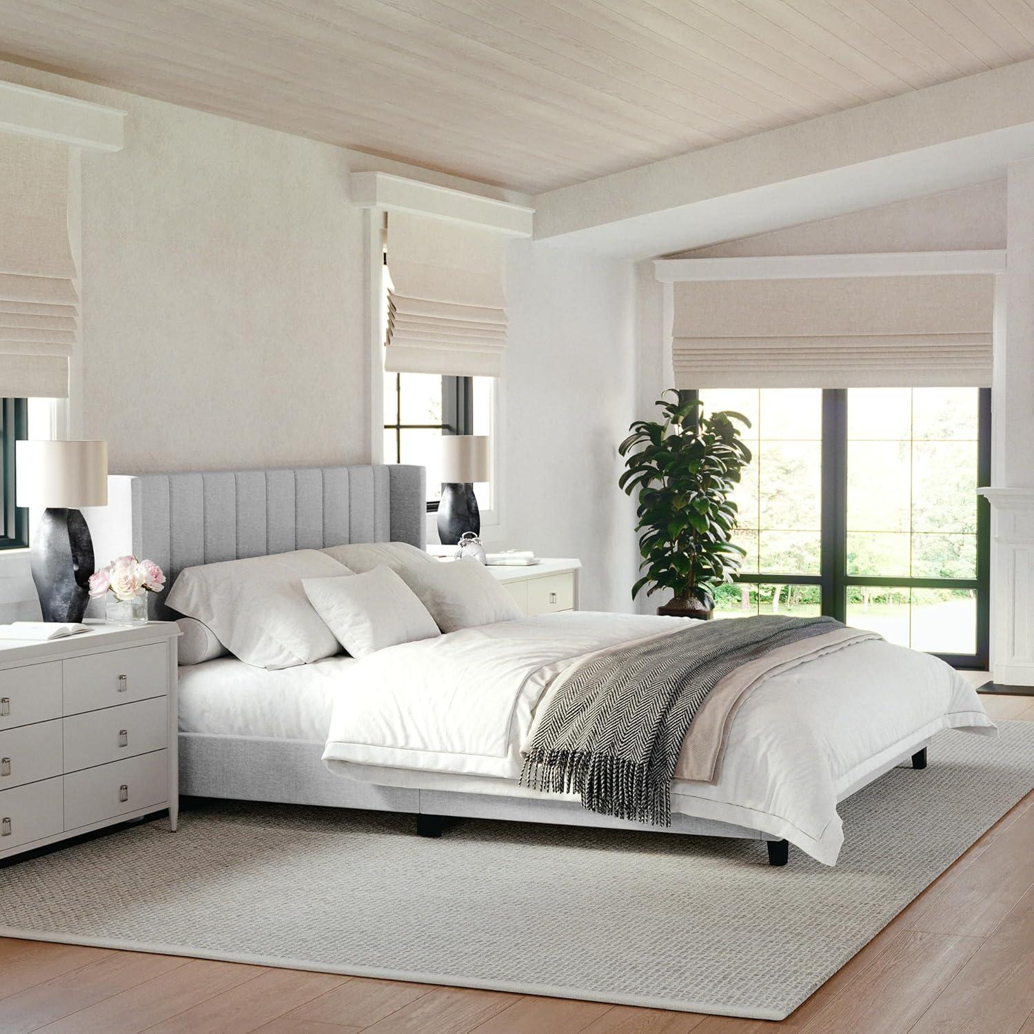 imageMartha Stewart Kay Low Profile Platform Bed with Wingback Headboard Channel Stitched Faux Linen Upholstery No Box Spring Needed King GrayGray FabricBlack Legs