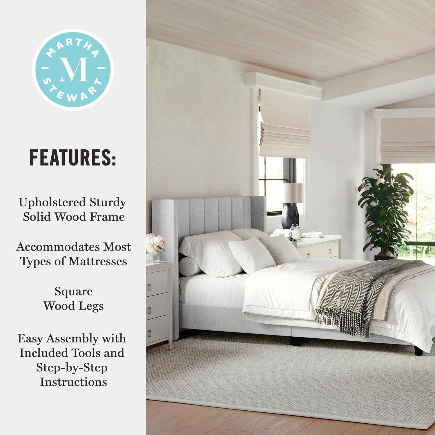 imageMartha Stewart Kay Low Profile Platform Bed with Wingback Headboard Channel Stitched Faux Linen Upholstery No Box Spring Needed King GrayGray FabricBlack Legs
