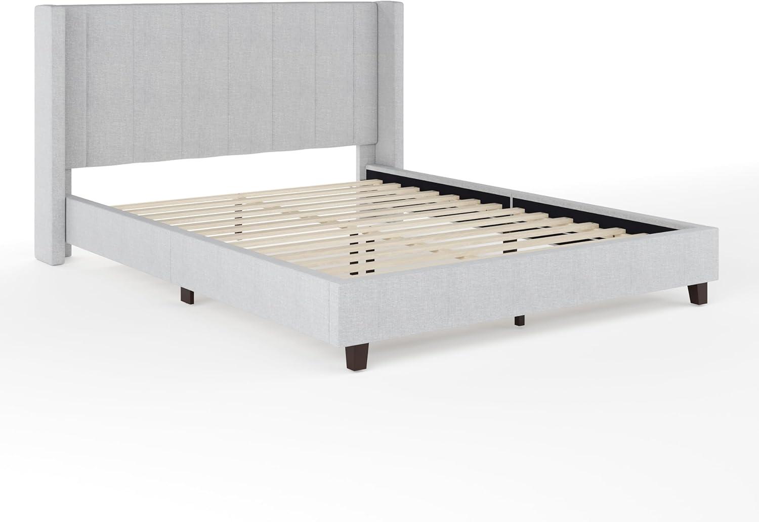 imageMartha Stewart Kay Low Profile Platform Bed with Wingback Headboard Channel Stitched Faux Linen Upholstery No Box Spring Needed King GrayGray FabricBlack Legs