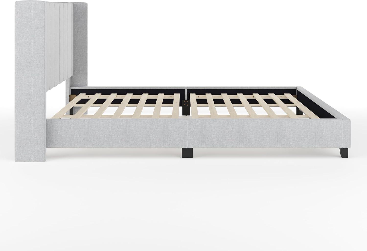 imageMartha Stewart Kay Low Profile Platform Bed with Wingback Headboard Channel Stitched Faux Linen Upholstery No Box Spring Needed King GrayGray FabricBlack Legs