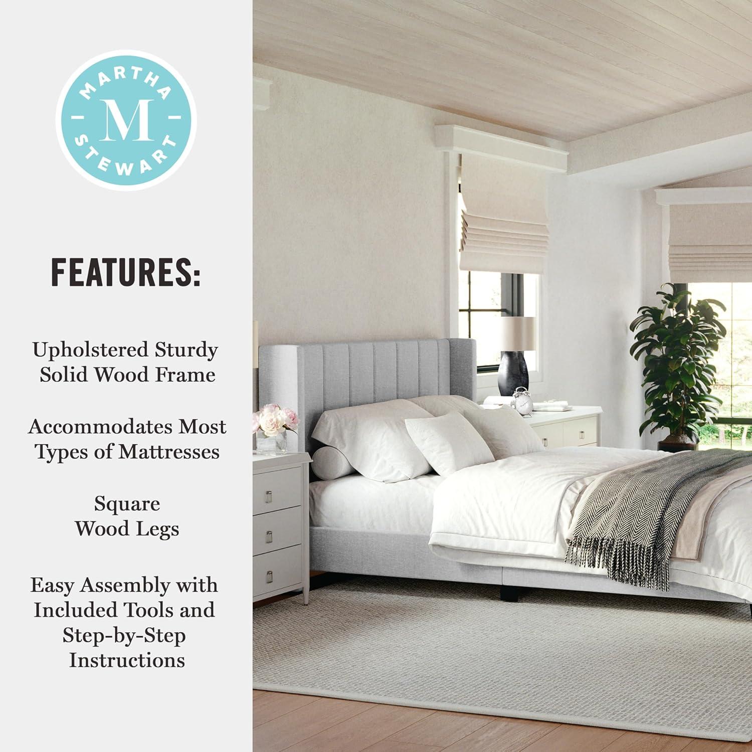 imageMartha Stewart Kay Low Profile Platform Bed with Wingback Headboard Channel Stitched Faux Linen Upholstery No Box Spring Needed King GrayGray FabricBlack Legs