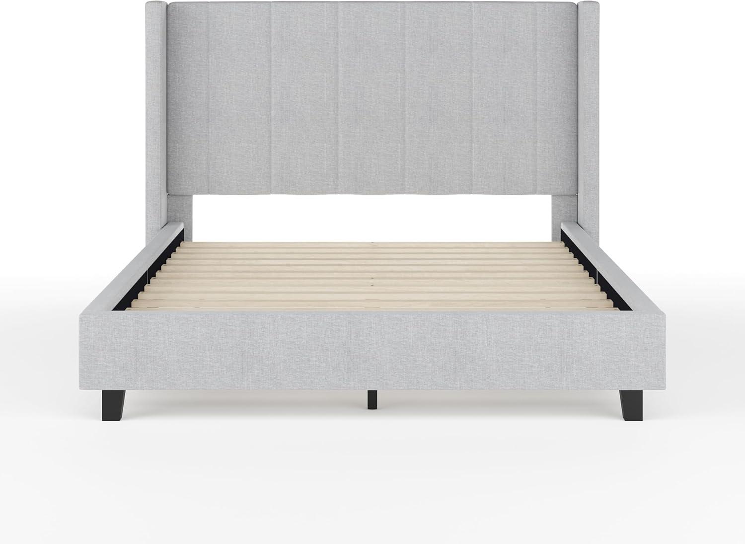 imageMartha Stewart Kay Low Profile Platform Bed with Wingback Headboard Channel Stitched Faux Linen Upholstery No Box Spring Needed King GrayGray FabricBlack Legs