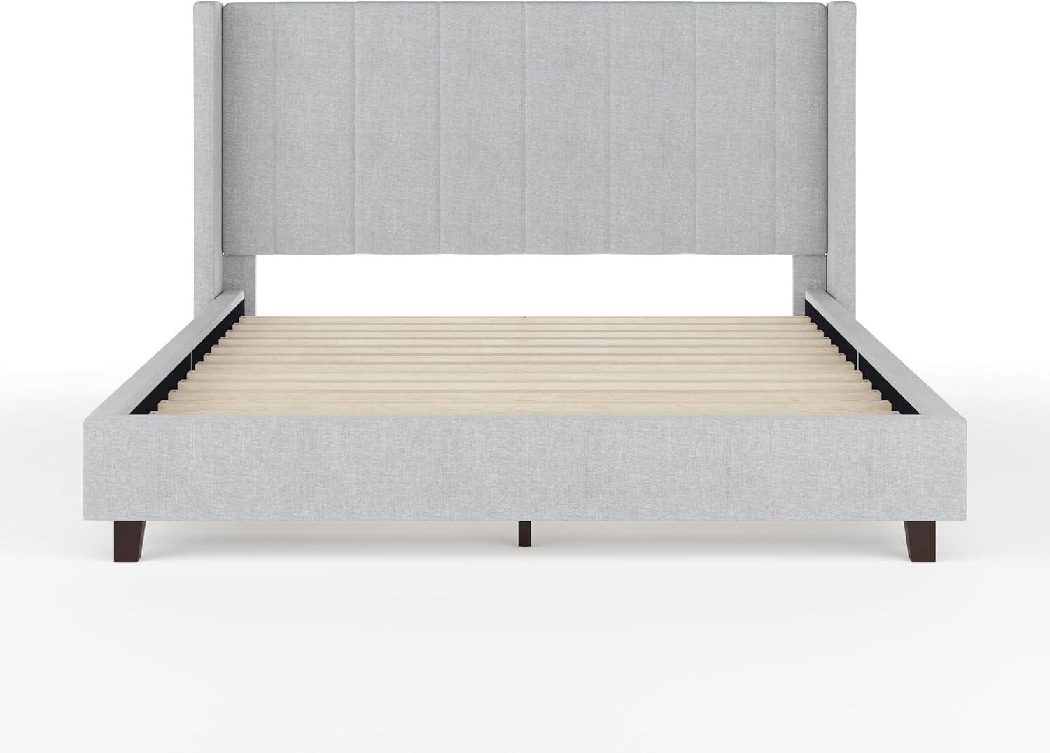 imageMartha Stewart Kay Low Profile Platform Bed with Wingback Headboard Channel Stitched Faux Linen Upholstery No Box Spring Needed King GrayGray FabricBlack Legs
