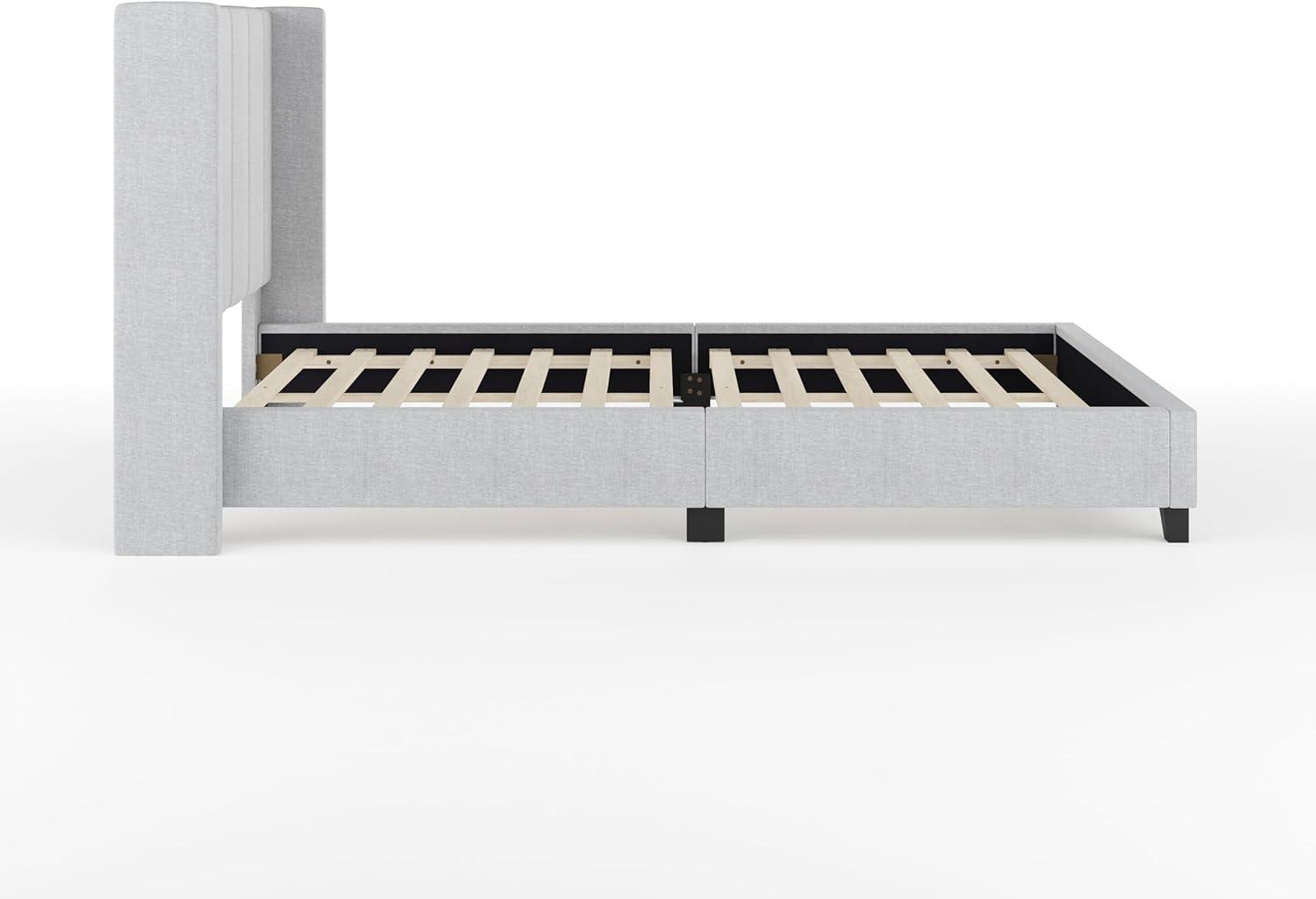 imageMartha Stewart Kay Low Profile Platform Bed with Wingback Headboard Channel Stitched Faux Linen Upholstery No Box Spring Needed King GrayGray FabricBlack Legs