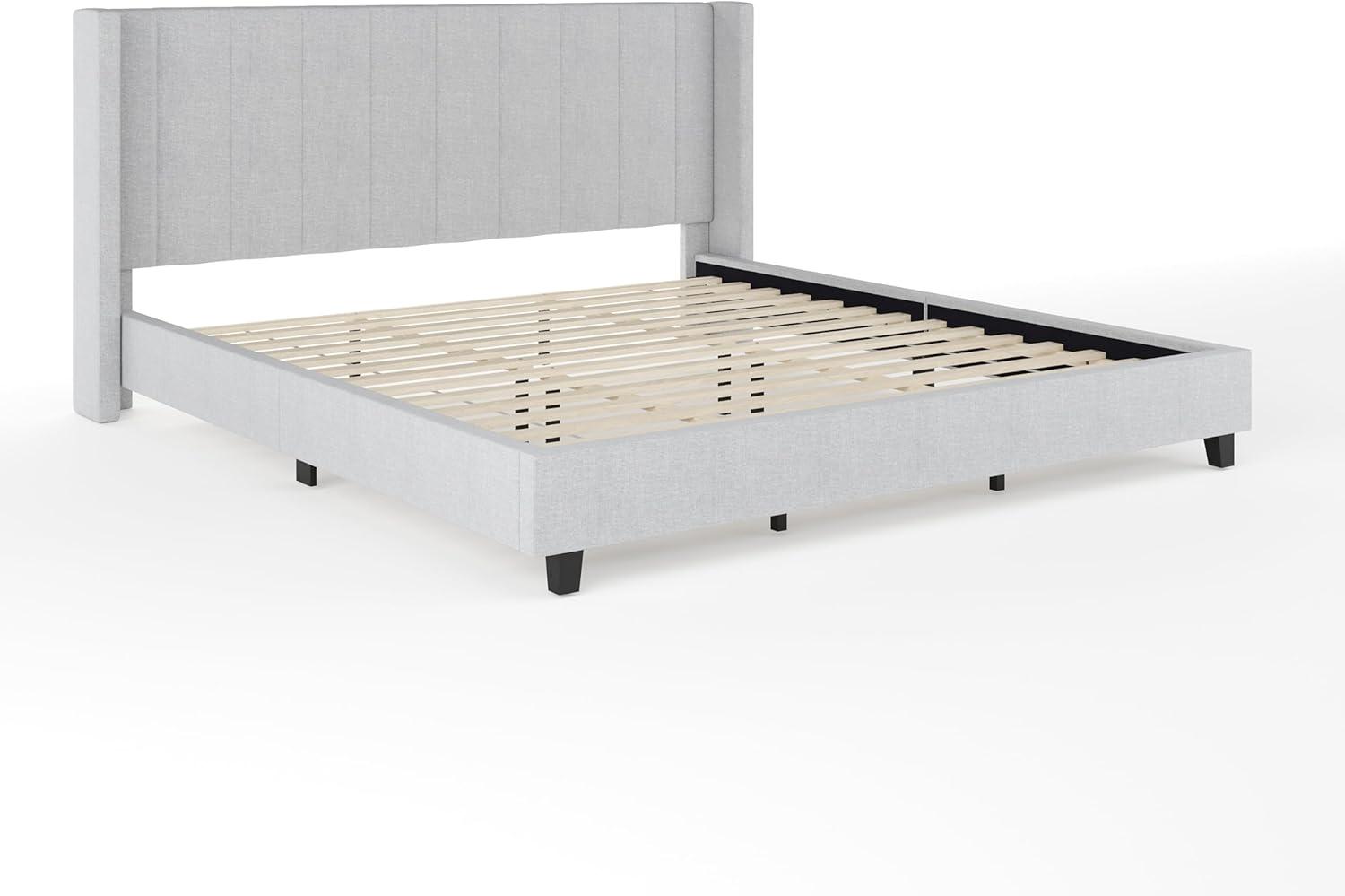 imageMartha Stewart Kay Low Profile Platform Bed with Wingback Headboard Channel Stitched Faux Linen Upholstery No Box Spring Needed King GrayGray FabricBlack Legs