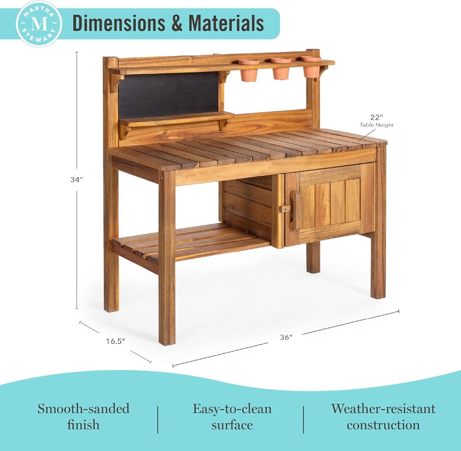 imageMartha Stewart Kids Outdoor Potting Bench Acacia Wood Kids Gardening Set with Pots Garden Tools Soil Bin and Open Shelves Wide Extendable Workspace Wooden Backyard Playset for Outdoor Activity