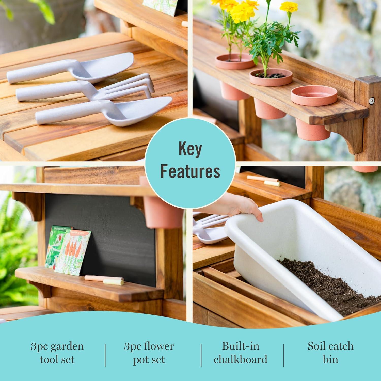 imageMartha Stewart Kids Outdoor Potting Bench Acacia Wood Kids Gardening Set with Pots Garden Tools Soil Bin and Open Shelves Wide Extendable Workspace Wooden Backyard Playset for Outdoor Activity