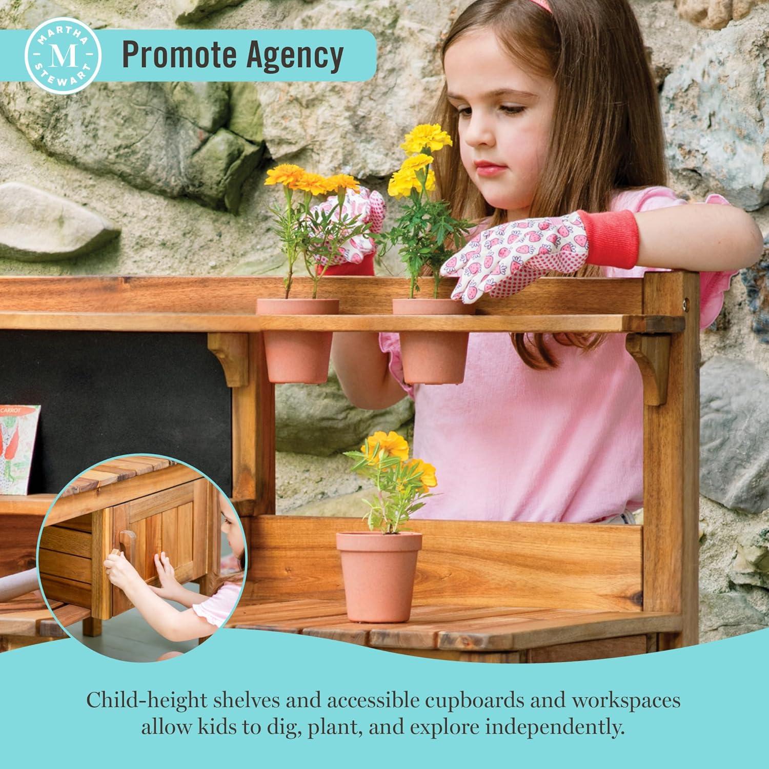 imageMartha Stewart Kids Outdoor Potting Bench Acacia Wood Kids Gardening Set with Pots Garden Tools Soil Bin and Open Shelves Wide Extendable Workspace Wooden Backyard Playset for Outdoor Activity