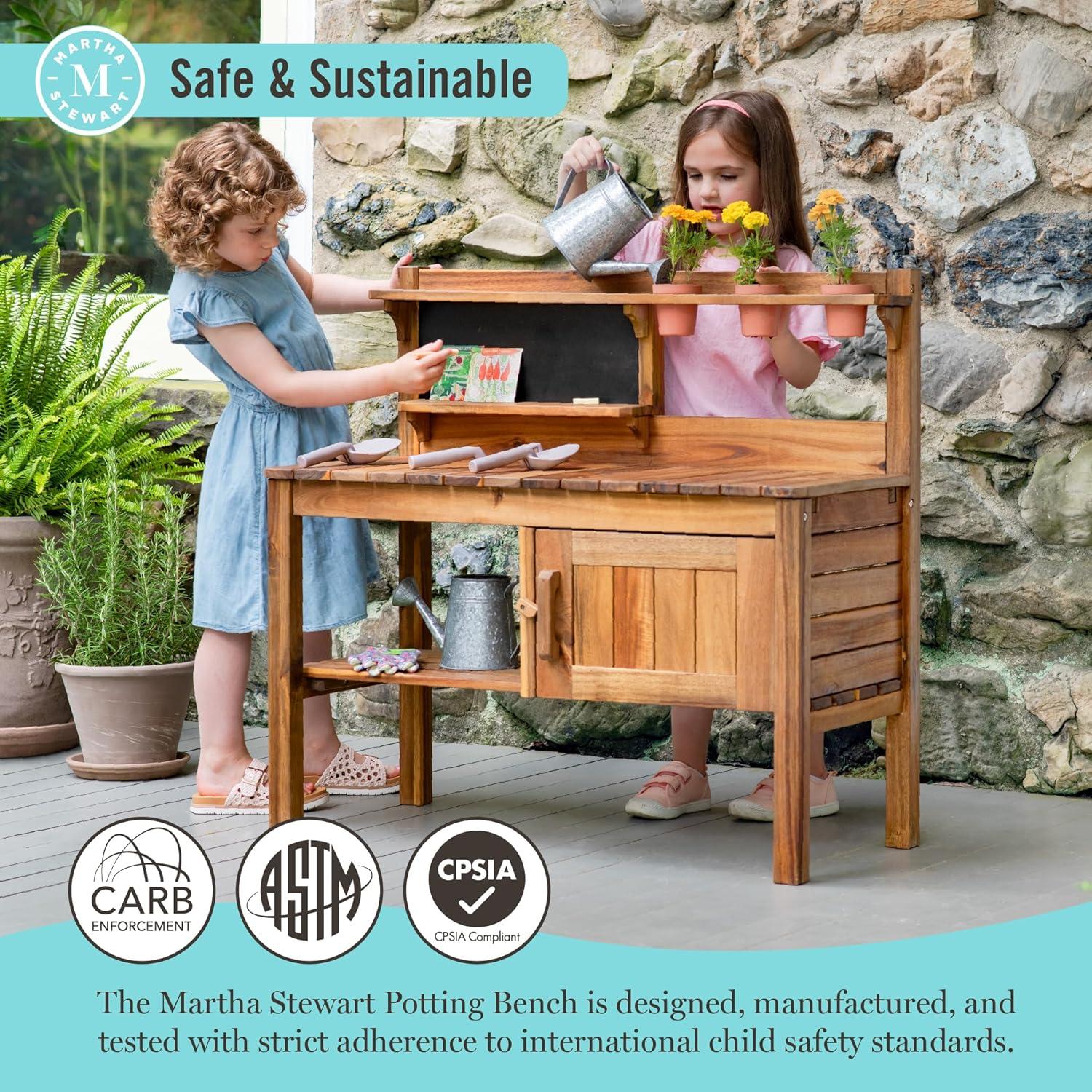 imageMartha Stewart Kids Outdoor Potting Bench Acacia Wood Kids Gardening Set with Pots Garden Tools Soil Bin and Open Shelves Wide Extendable Workspace Wooden Backyard Playset for Outdoor Activity