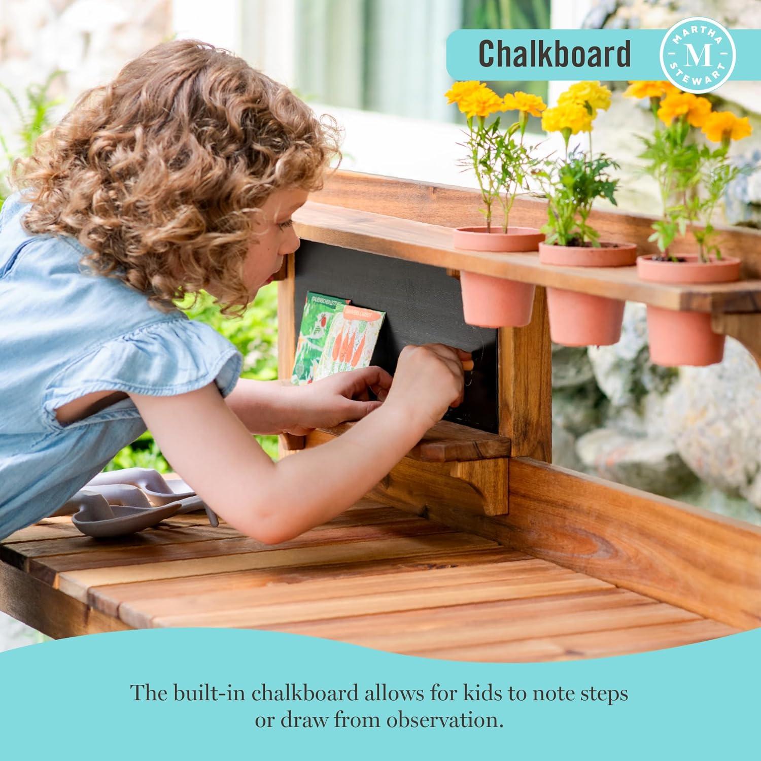 imageMartha Stewart Kids Outdoor Potting Bench Acacia Wood Kids Gardening Set with Pots Garden Tools Soil Bin and Open Shelves Wide Extendable Workspace Wooden Backyard Playset for Outdoor Activity