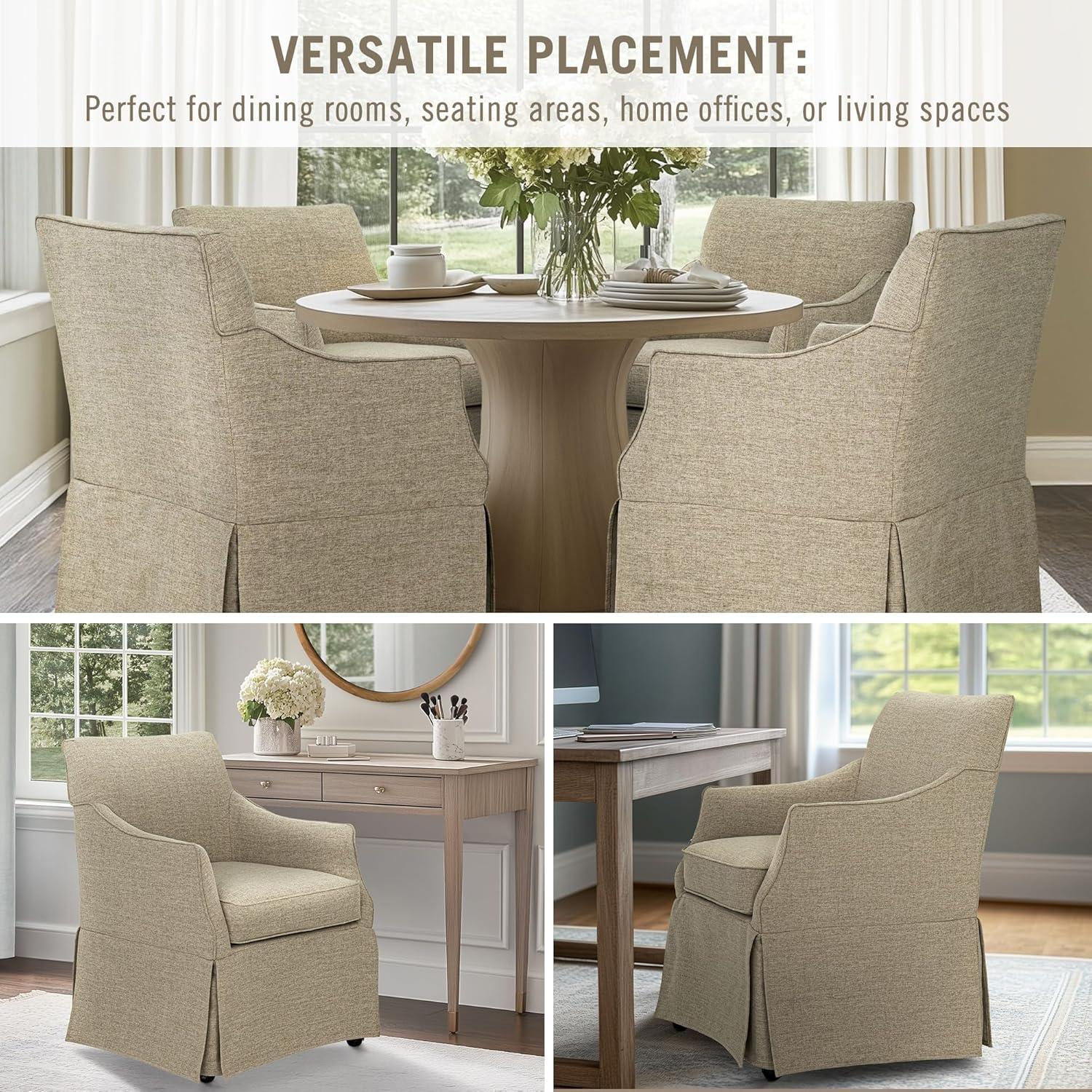 imageMartha Stewart London Upholstered Skirted Dining Arm Chair with Casters Curved Back Removable Seat Cushion for Dining Room Home Office or Living Space Light BlueBeige
