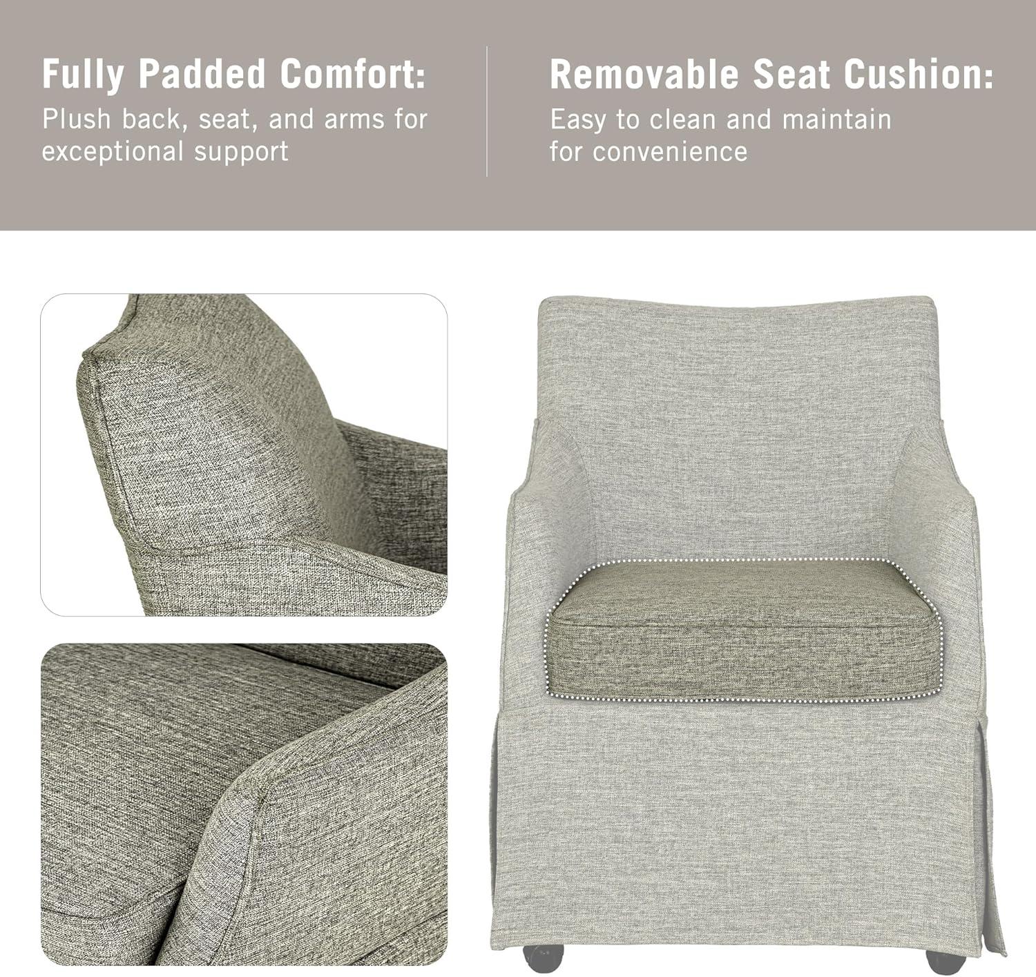 imageMartha Stewart London Upholstered Skirted Dining Arm Chair with Casters Curved Back Removable Seat Cushion for Dining Room Home Office or Living Space Light BlueGrey