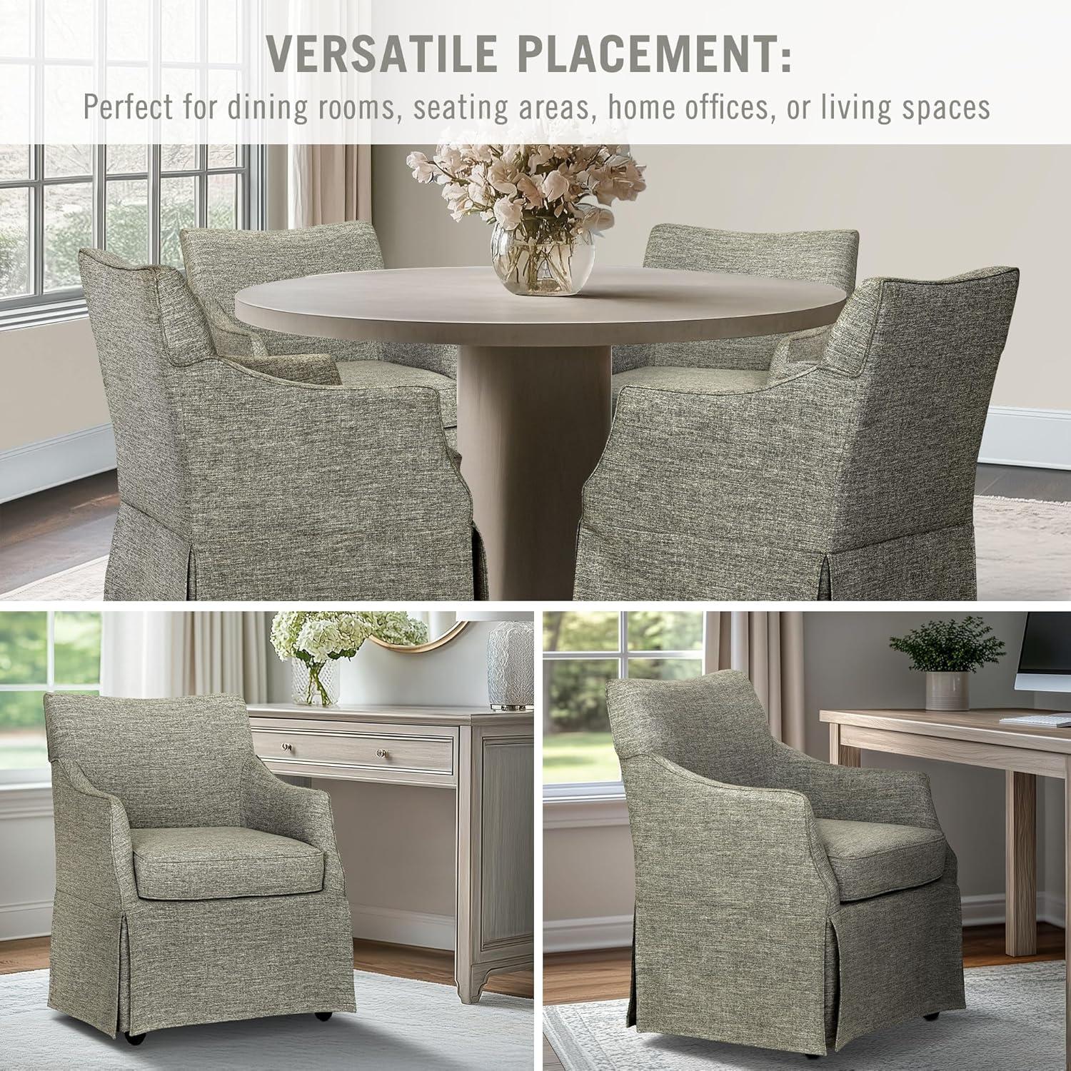 imageMartha Stewart London Upholstered Skirted Dining Arm Chair with Casters Curved Back Removable Seat Cushion for Dining Room Home Office or Living Space Light BlueGrey