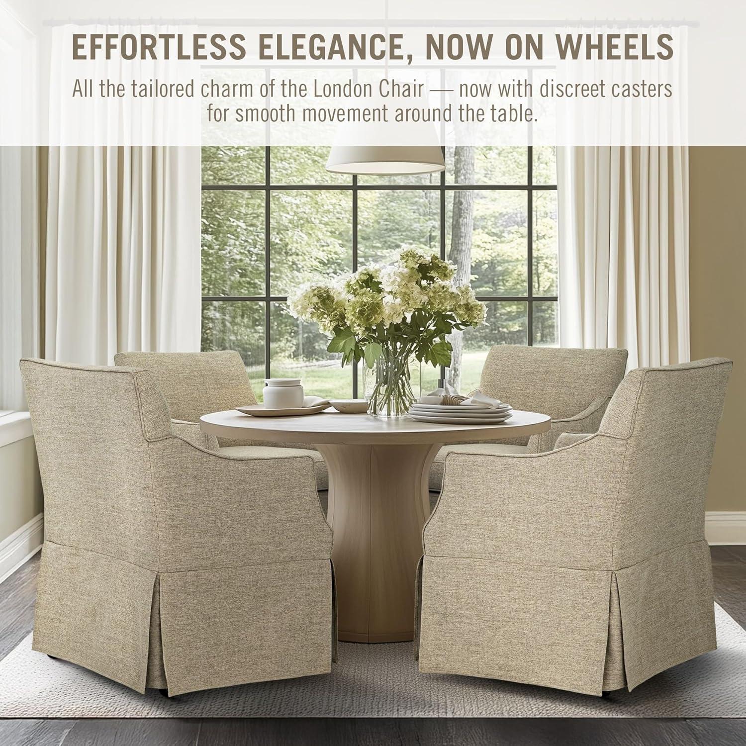 imageMartha Stewart London Upholstered Skirted Dining Arm Chair with Casters Curved Back Removable Seat Cushion for Dining Room Home Office or Living Space Light BlueBeige