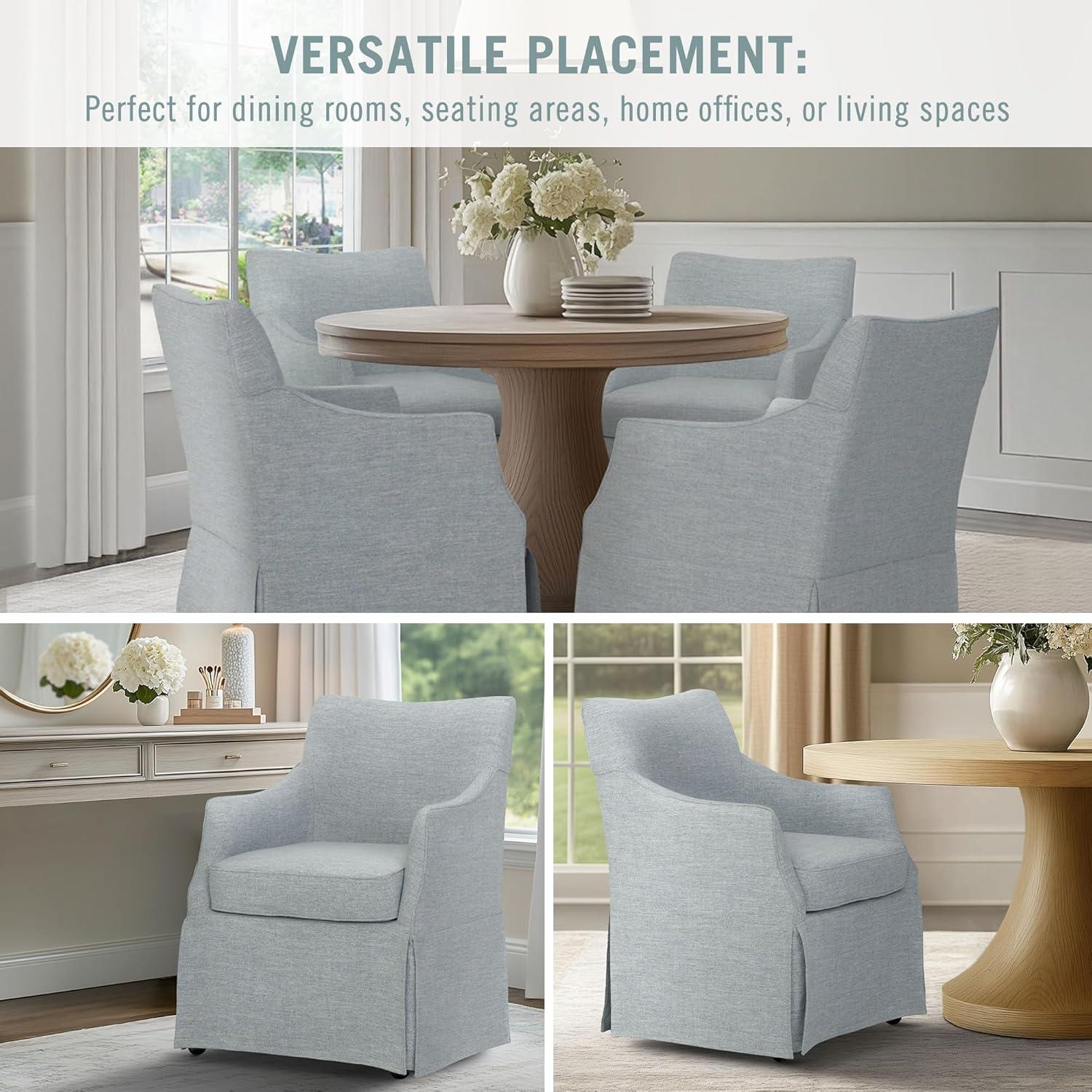 imageMartha Stewart London Upholstered Skirted Dining Arm Chair with Casters Curved Back Removable Seat Cushion for Dining Room Home Office or Living Space Light BlueLight Blue