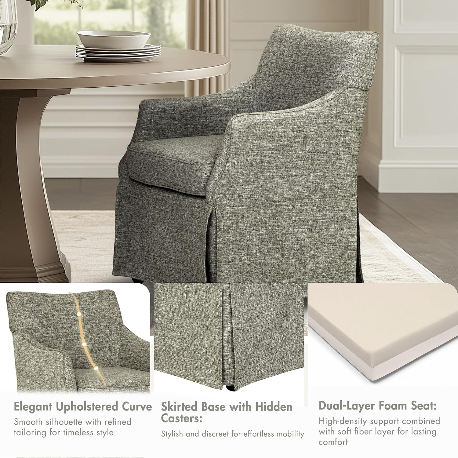 imageMartha Stewart London Upholstered Skirted Dining Arm Chair with Casters Curved Back Removable Seat Cushion for Dining Room Home Office or Living Space Light BlueGrey