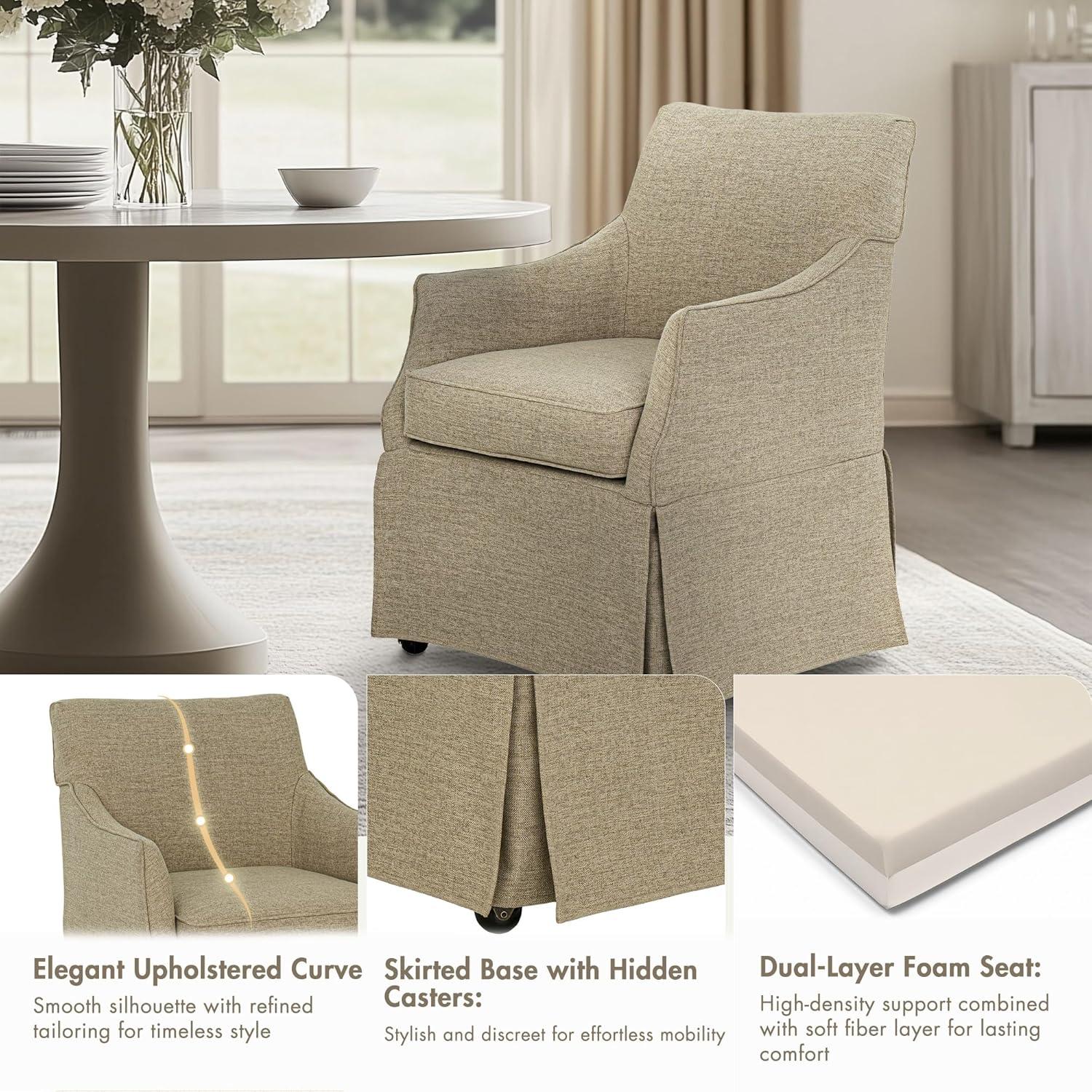 imageMartha Stewart London Upholstered Skirted Dining Arm Chair with Casters Curved Back Removable Seat Cushion for Dining Room Home Office or Living Space Light BlueBeige