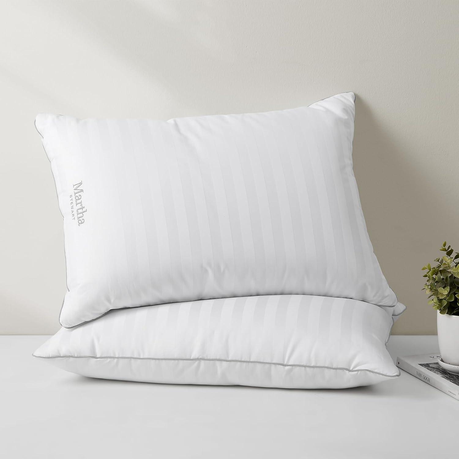 imageMartha Stewart Medium Soft Feather Down 100 Cotton 500 Thread Count Damask Stripe Embroidered Queen Size Set of 2White