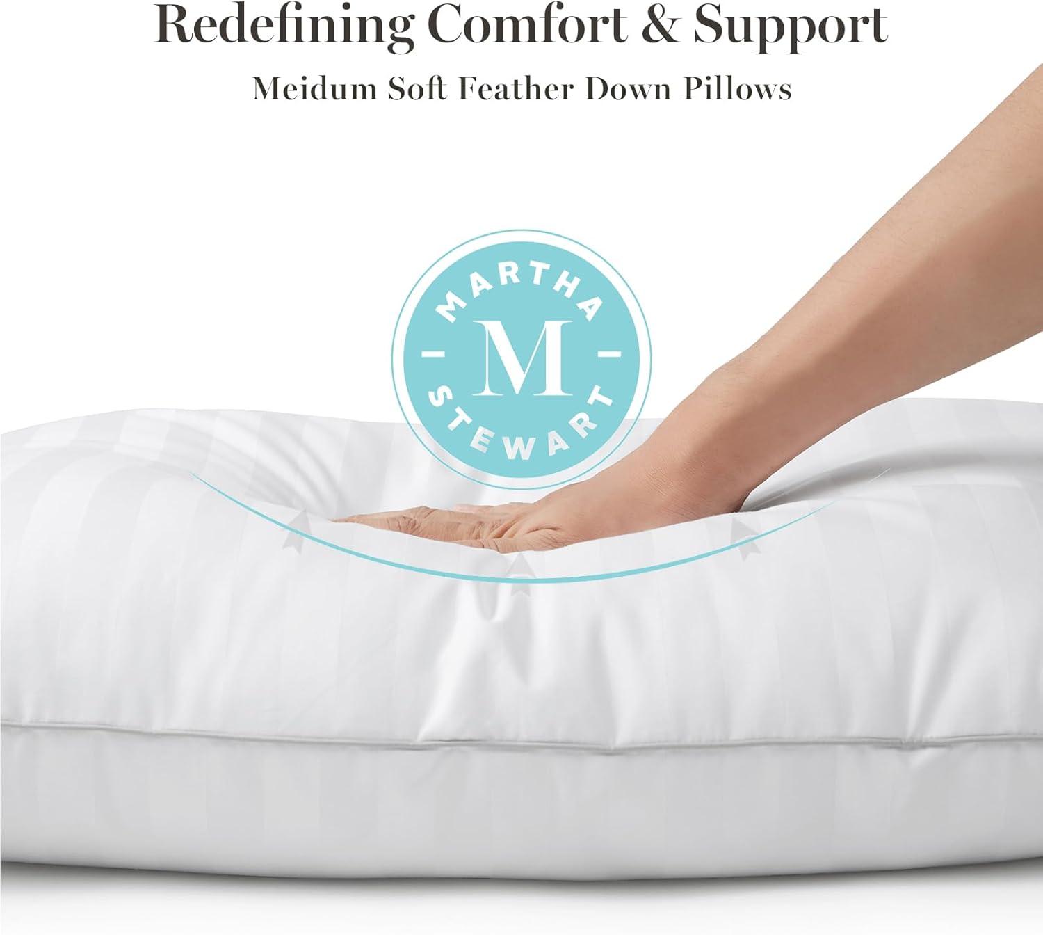 imageMartha Stewart Medium Soft Feather Down 100 Cotton 500 Thread Count Damask Stripe Embroidered Queen Size Set of 2White