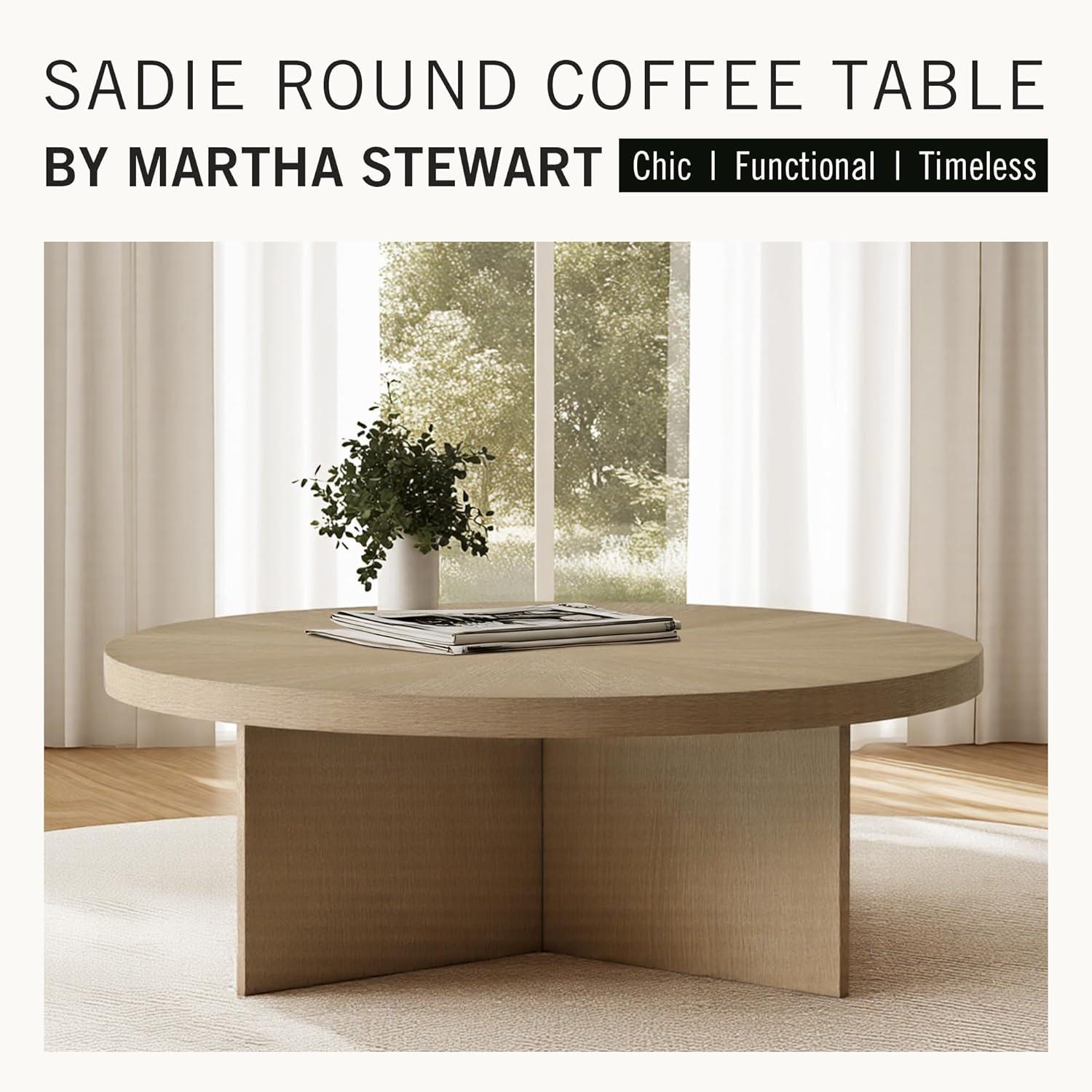 imageMartha Stewart Sadie Round Coffee Table Starburst Veneer Top Walnut Brown Wood Finish Modern Accent for Living Room Lounge or Sitting Area 22 x Dia 24 HReclaimed Greige