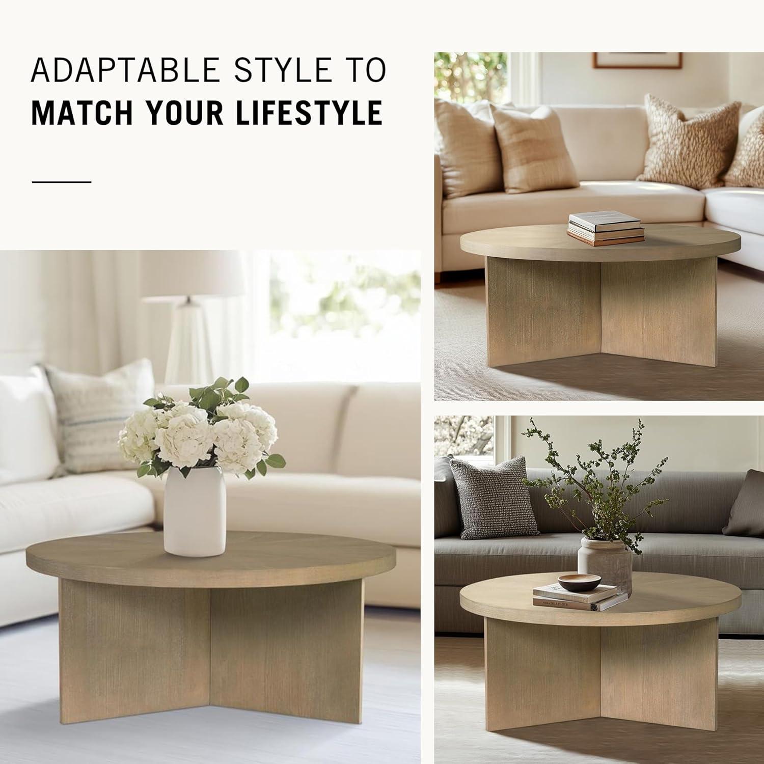 imageMartha Stewart Sadie Round Coffee Table Starburst Veneer Top Walnut Brown Wood Finish Modern Accent for Living Room Lounge or Sitting Area 22 x Dia 24 HReclaimed Greige