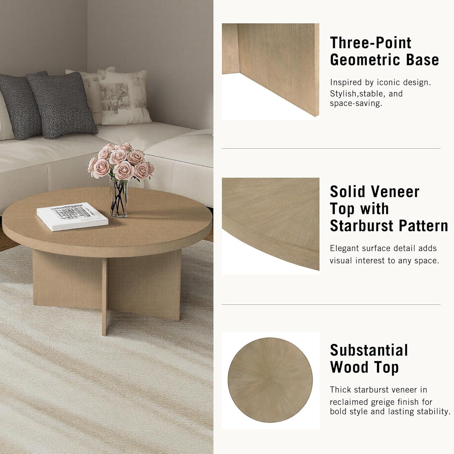 imageMartha Stewart Sadie Round Coffee Table Starburst Veneer Top Walnut Brown Wood Finish Modern Accent for Living Room Lounge or Sitting Area 22 x Dia 24 HReclaimed Greige