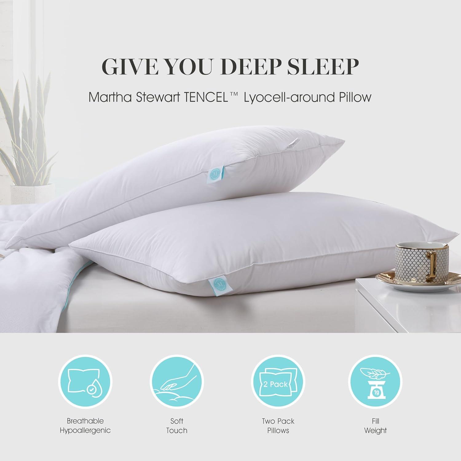 imageMartha Stewart Tencel LyocellCotton Blend White Feather Down Pillow Medium Firm2 PackKing Size Bed Pillow 2 CountKing