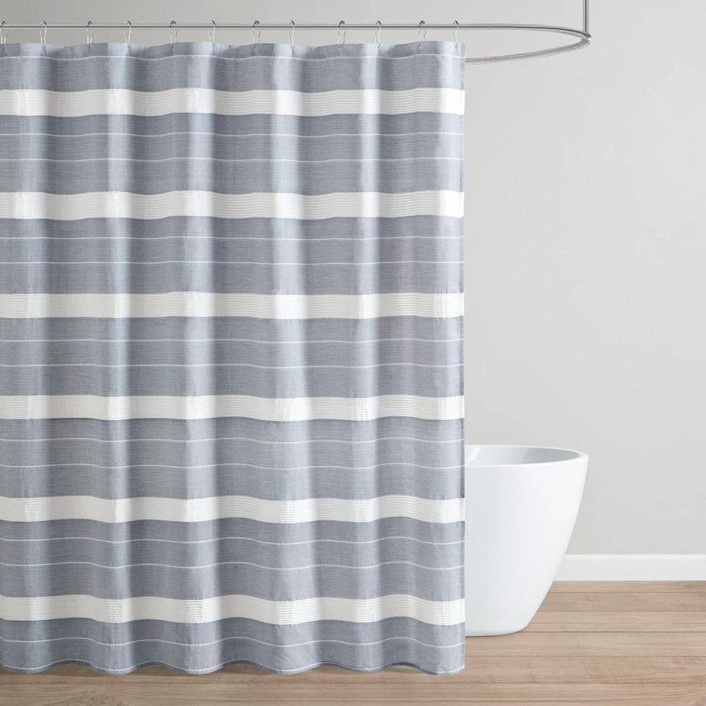 imageMartha Stewart Adrien Farmhouse Shower Curtain Neutral Color Striped Design with Pleated Accent Soft Woven Fabric Shower Curtain Boho Modern Bathroom Dcor Machine Washable 72 x 72 CharcoalDenim
