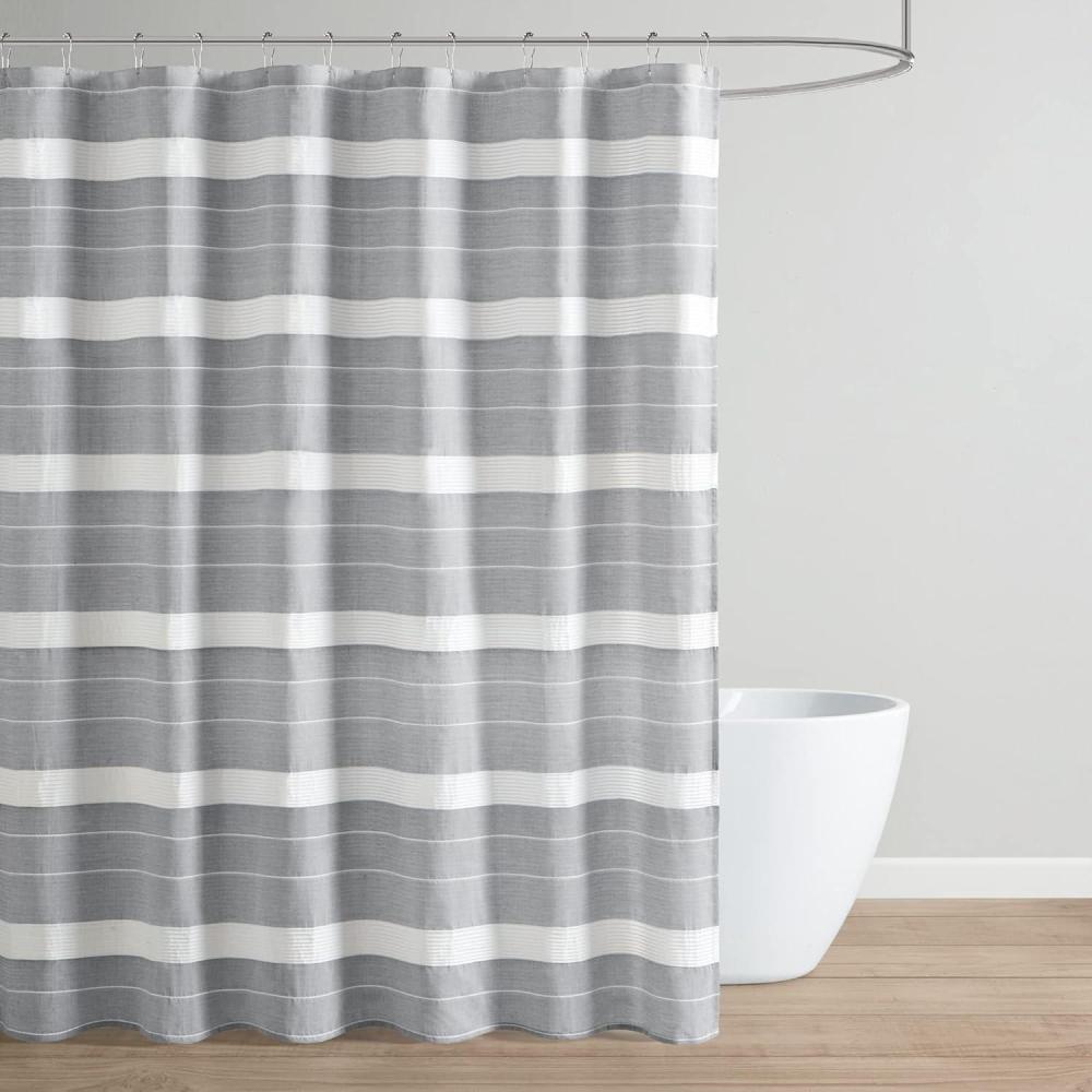 imageMartha Stewart Adrien Farmhouse Shower Curtain Neutral Color Striped Design with Pleated Accent Soft Woven Fabric Shower Curtain Boho Modern Bathroom Dcor Machine Washable 72 x 72 CharcoalCharcoal